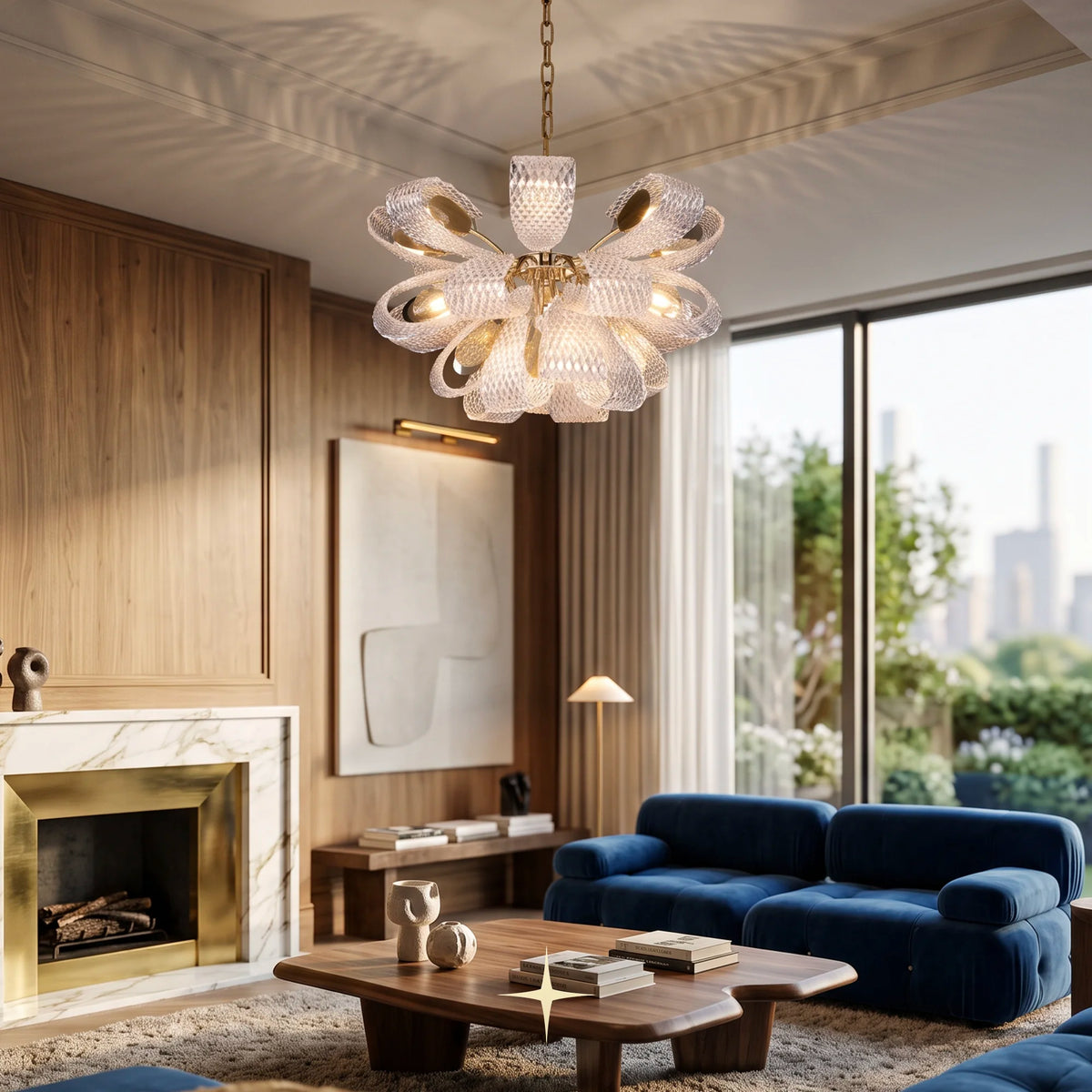 Detailed close-up of handcrafted textured crystal petals on Papiyon light chandelier with textured clear glass petals and warm gold-toned metal accents hangs in a stylishly decorated living room with wood paneling, a blue sofa, and large windows.