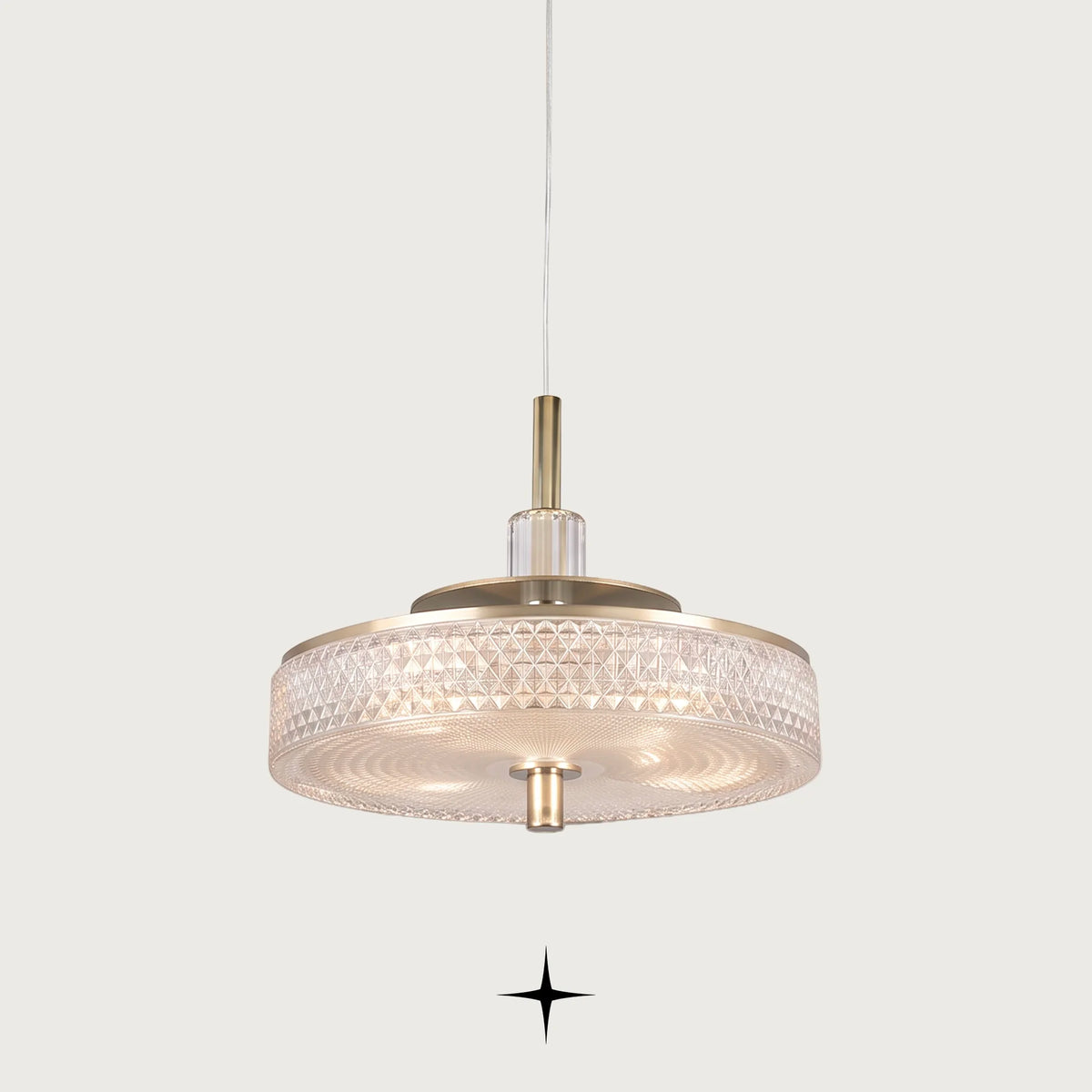 Prima Cleo luxury single light pendant with golden nickel structure and Murano glass dome on black background
