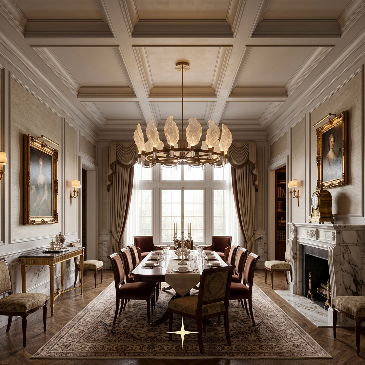 Pristine crystal leaf chandelier installed over a modern dark dining room suite
