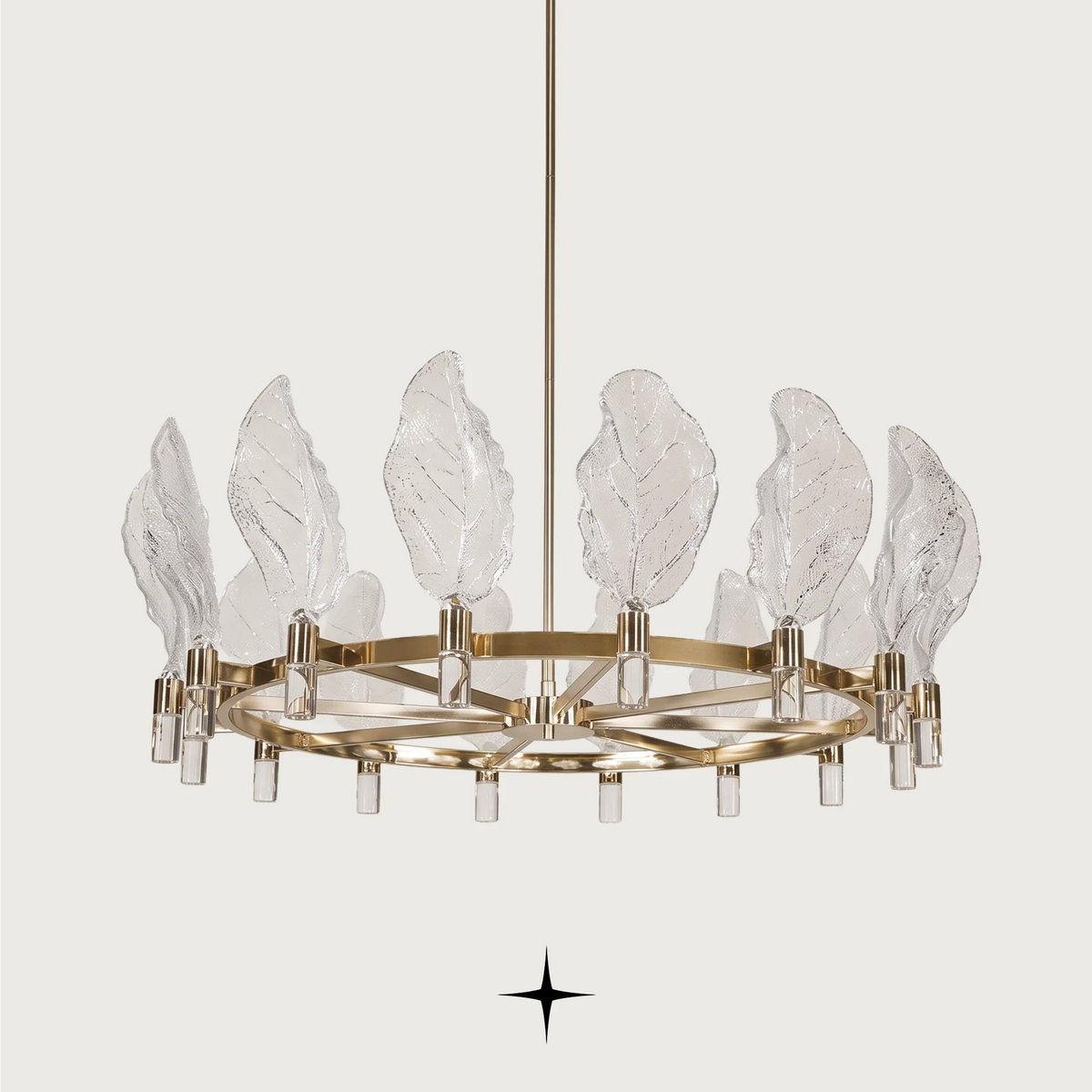 Pristine luxury circular chandelier featuring frosted Murano-style glass leaves and gold brass ring frame
