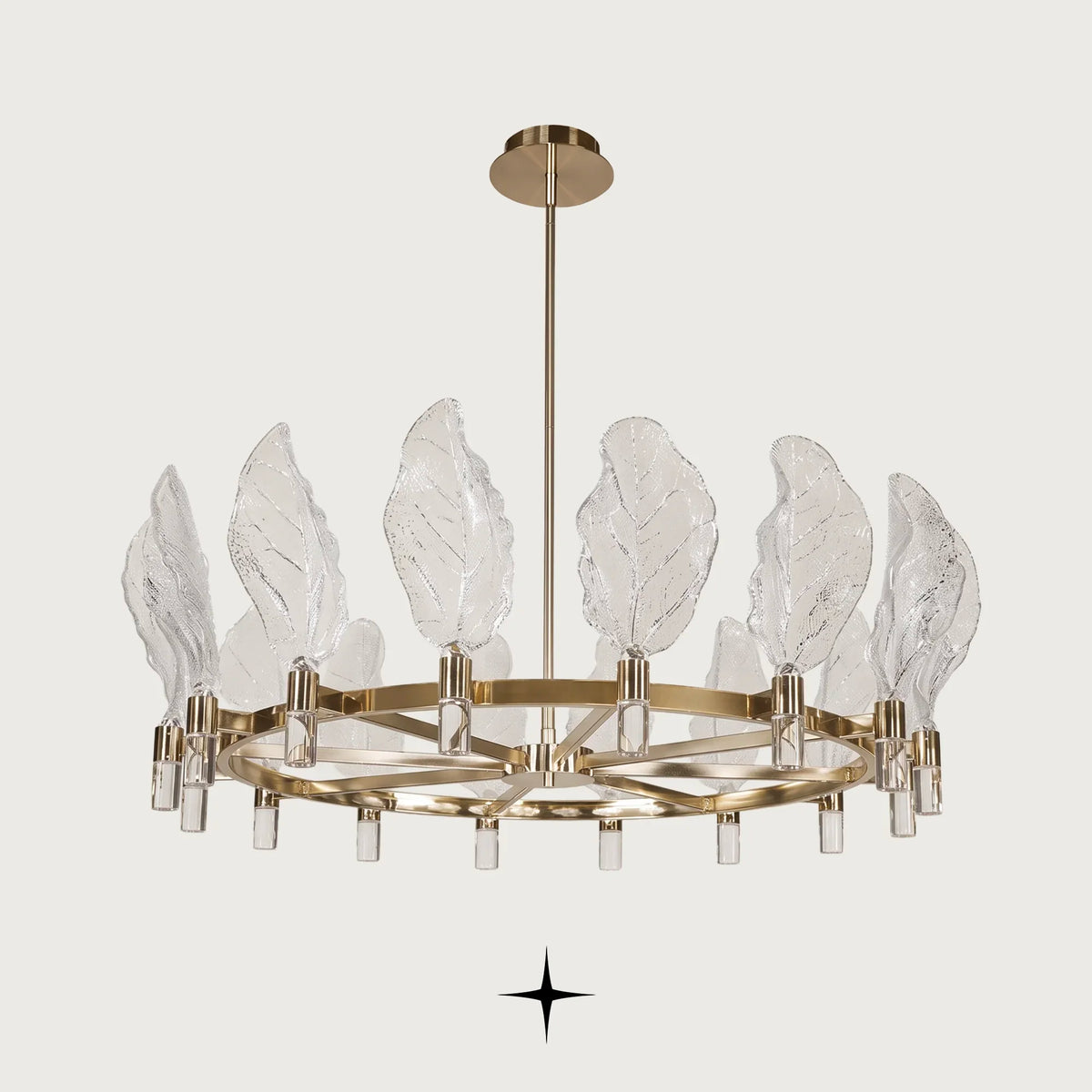 Pristine Chandelier featuring handcrafted Murano-style crystal glass leaves and a luxurious circular brass structure