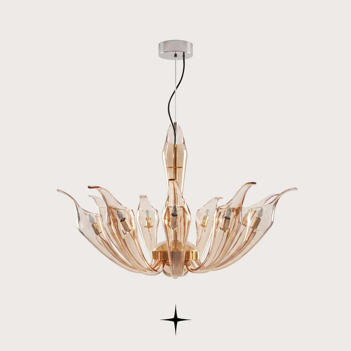 Rina Chandelier featuring chic elongated amber-toned crystal arms in a modern design