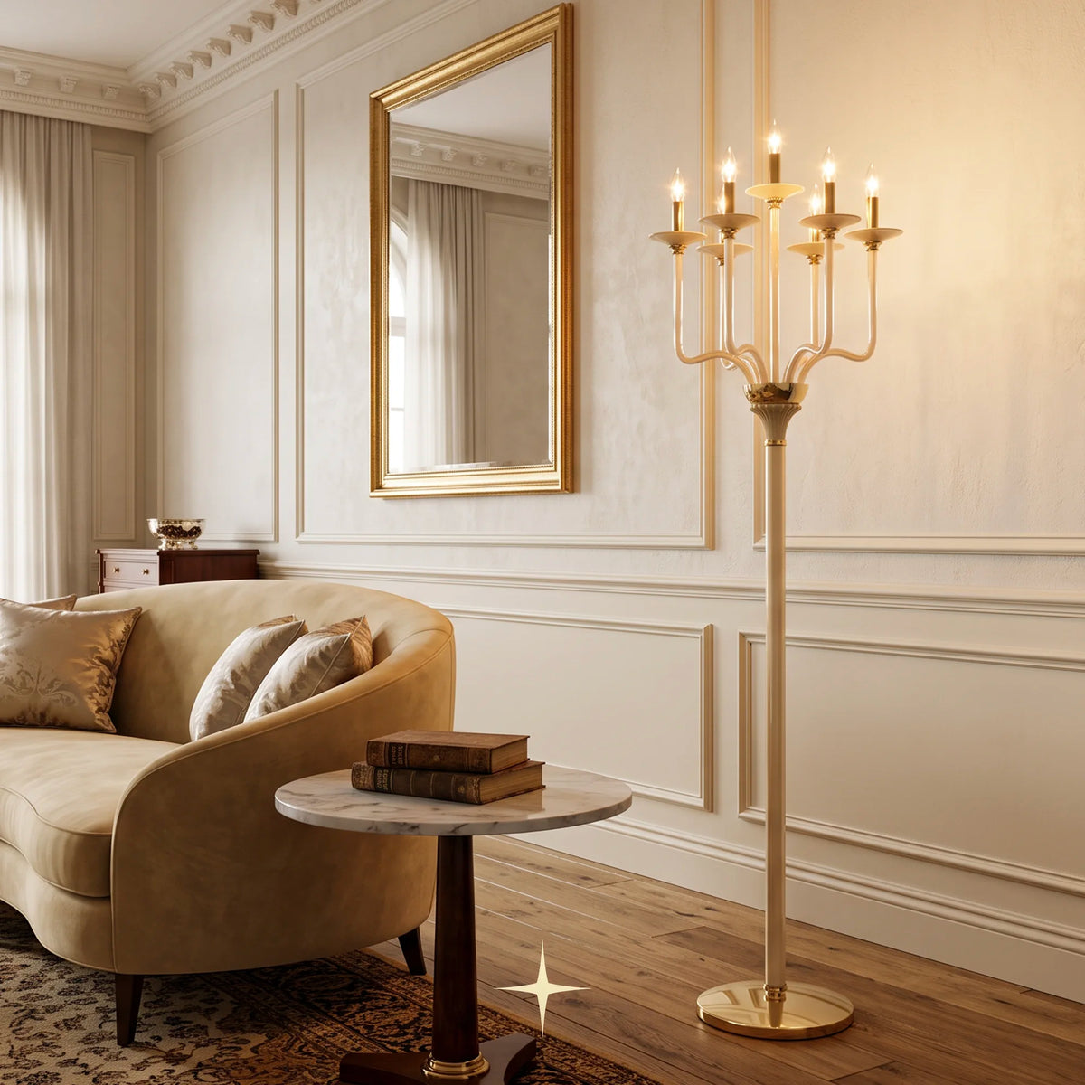 Harmony classic bohemian crystal candelabra floor lamp in a luxury living room setting