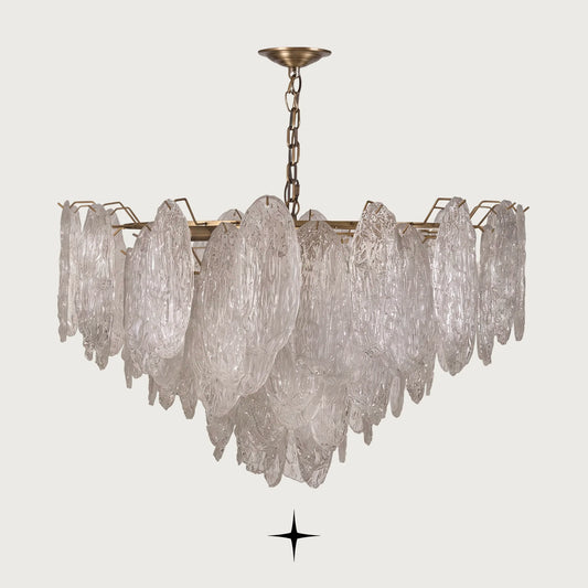 Front view of Saliva layered glass leaf pendant fixture on light grey backdrop