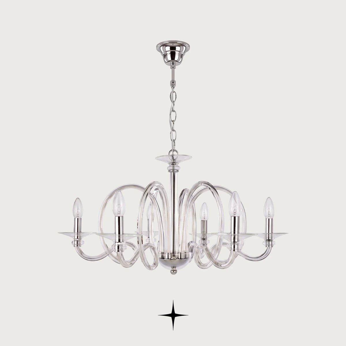 Sarah Chandelier featuring exquisite elongated crystal arms in a luxurious silver finish