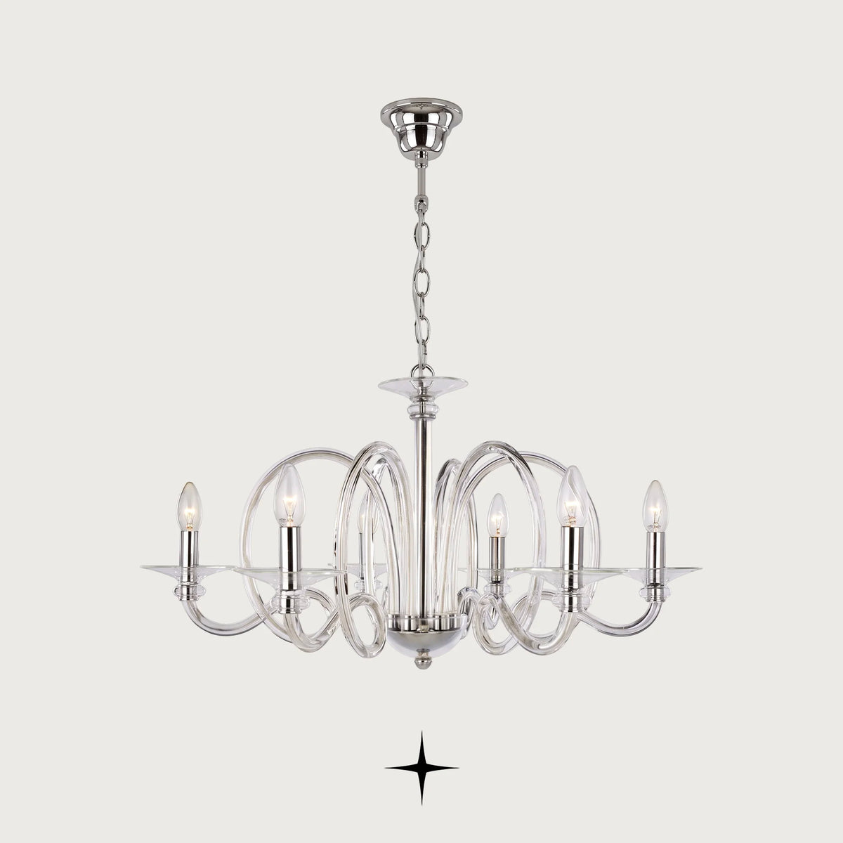 Sarah Chandelier featuring exquisite elongated crystal arms in a luxurious silver finish