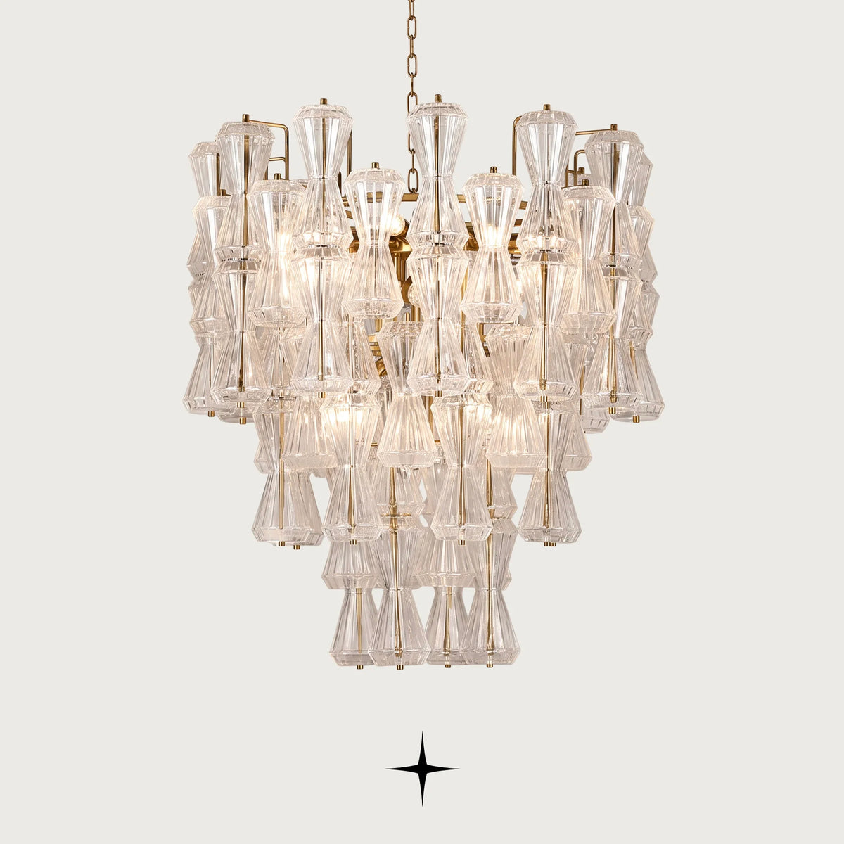 Seattle Chandelier featuring handcrafted Rigadin glass in sinuous hourglass forms creating radiant reflections