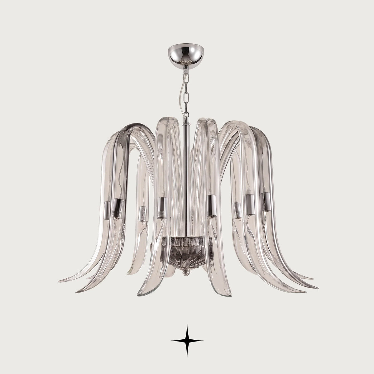 Shanon Chandelier featuring clear and smoked grey handcrafted crystal glass wings cascading downwards