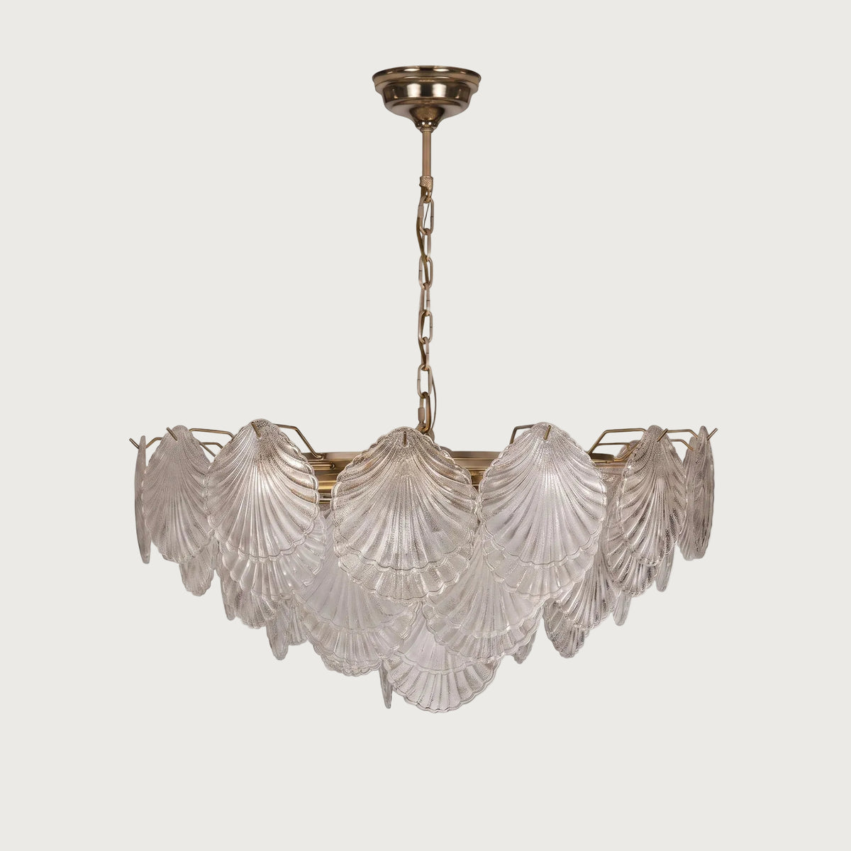 Front view of Shellina coastal seashell glass pendant lighting fixture on light grey backdrop
