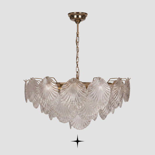 Front view of Shellina coastal seashell glass pendant lighting fixture on light grey backdrop