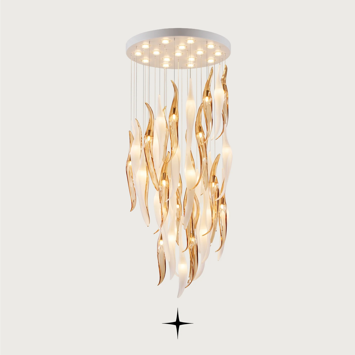 Technical dimensions blueprint and dimensional drawing of the Shine Chandelier on light grey background