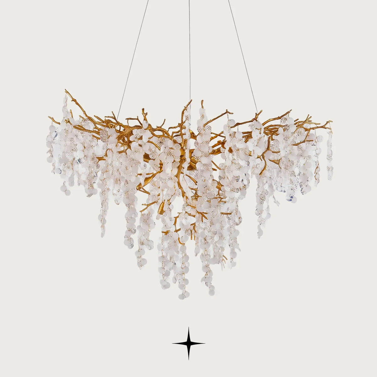 Shiraz round brass branch chandelier with crystal droplets on light grey background