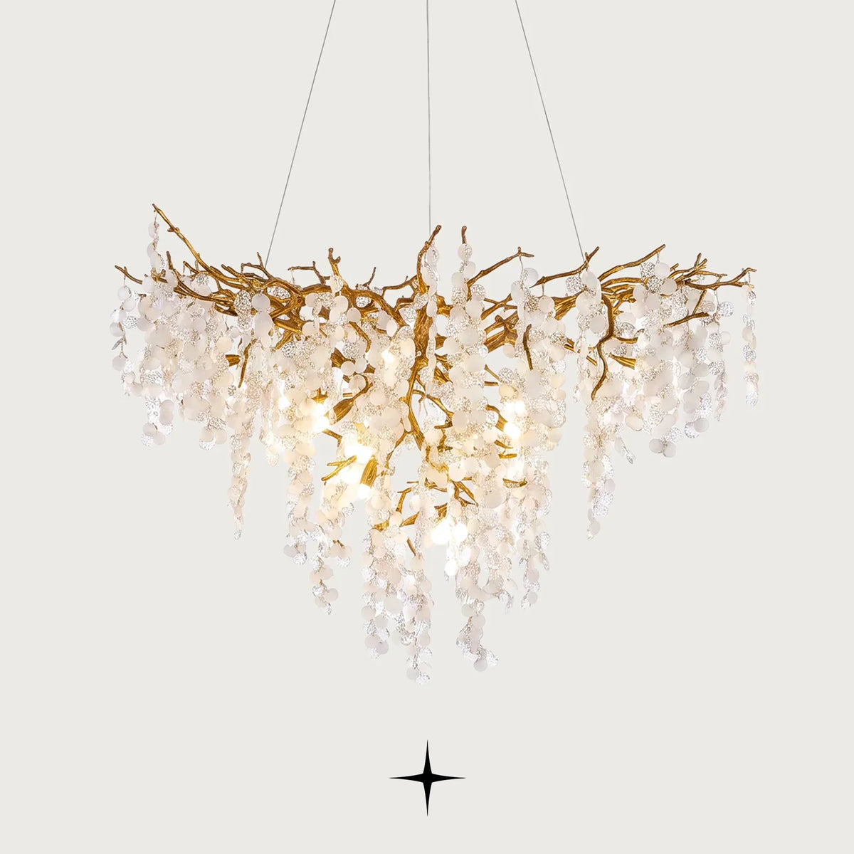 Shiraz round brass branch chandelier with crystal droplets on light grey background