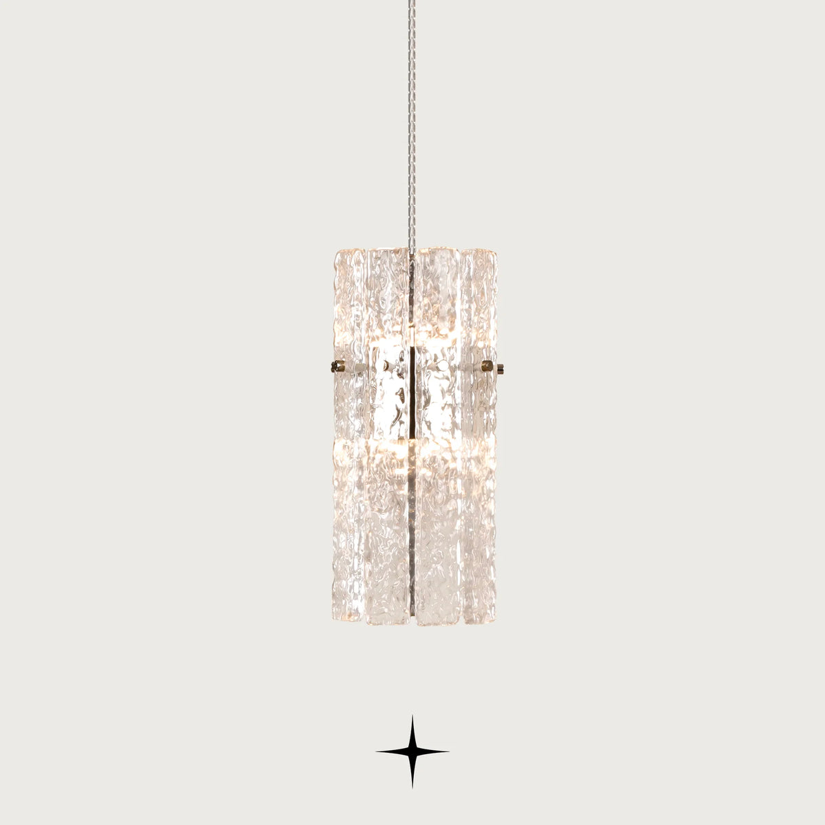 Single Chime LED pendant light with rock-crystal effect glass diffuser and metal hardware