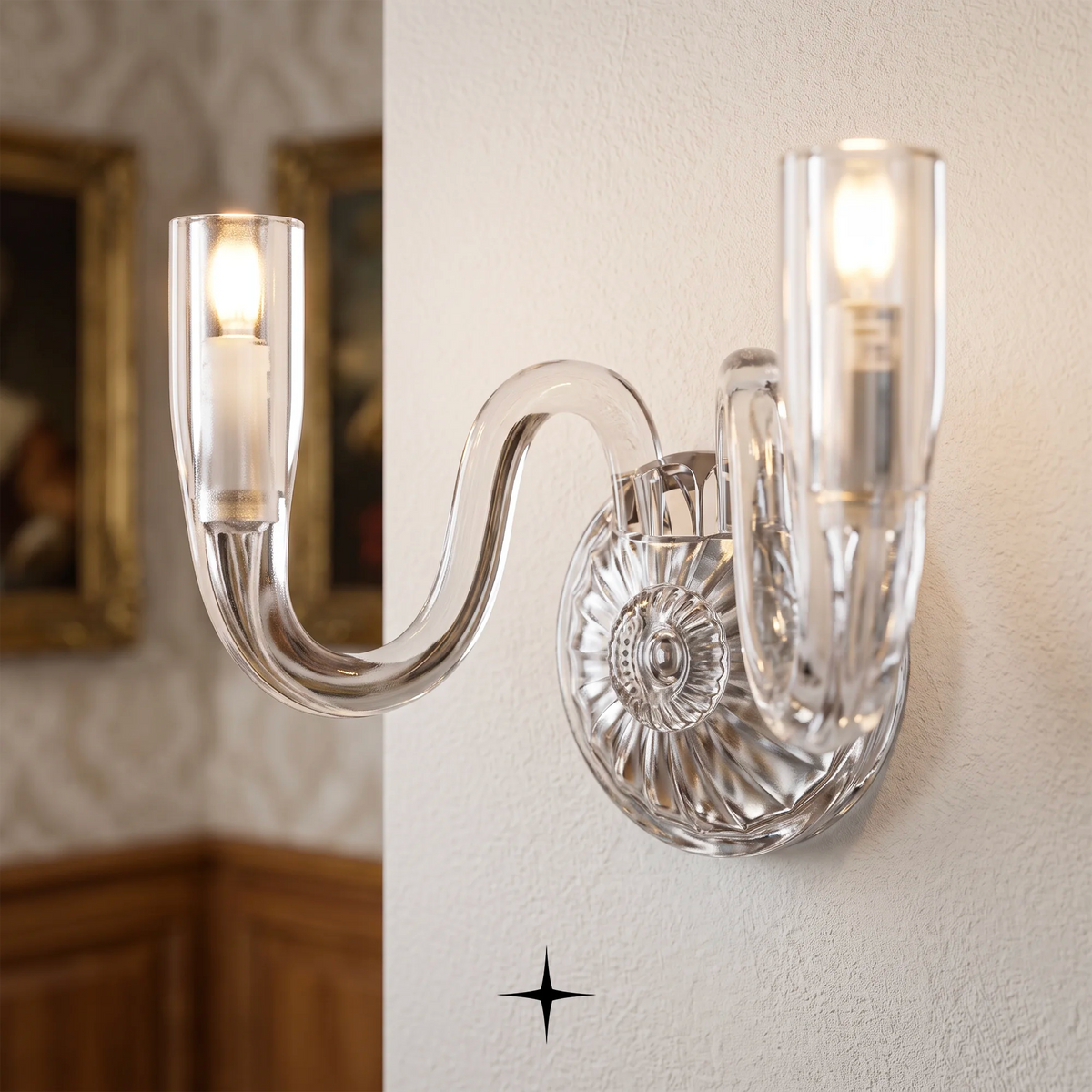 Solara neoclassical wall light fixture featuring exquisite crystal details and curved arms.