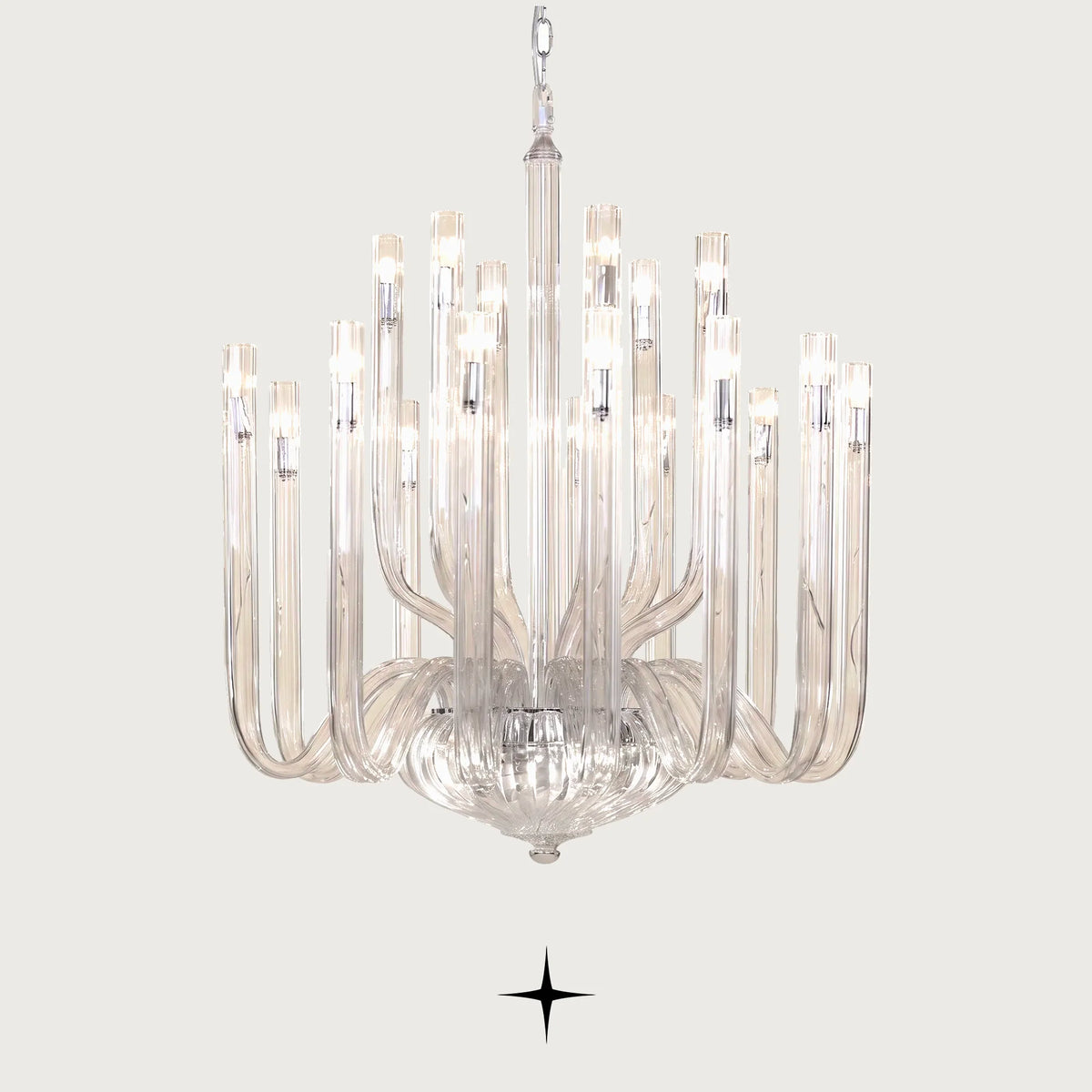 Solara Crystal Chandelier featuring fluid curved glass arms in a magnificent neo-classical luxury design