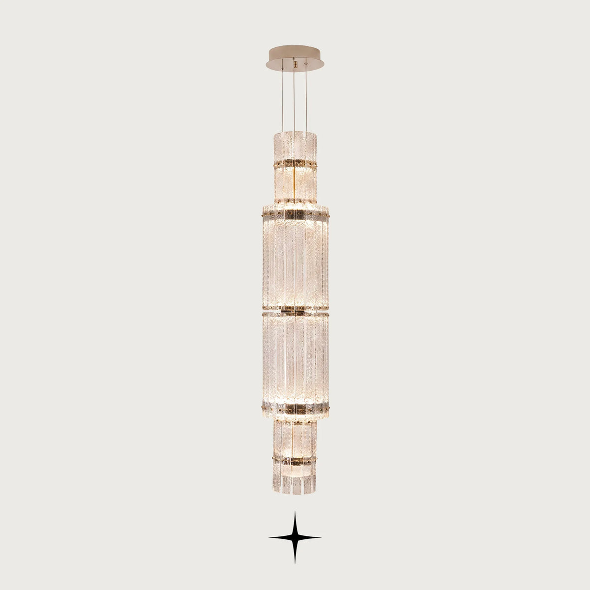 Two Level Chime two-tier vertical rock-crystal effect glass column chandelier on light grey background