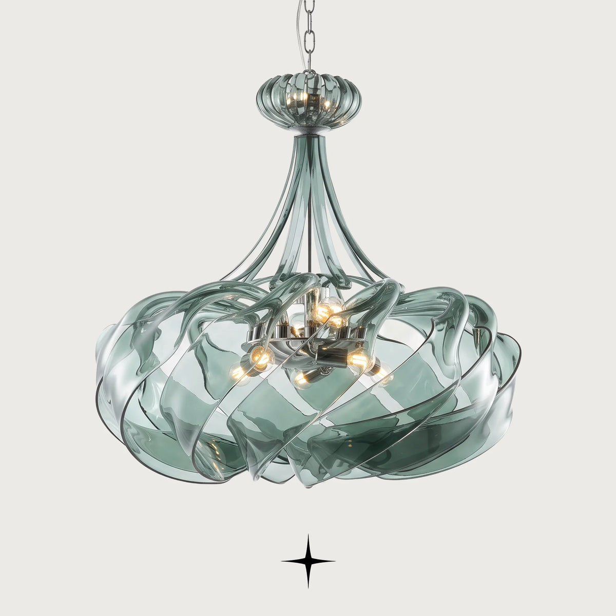 Valentina Chandelier featuring symmetrical smoke green ribboned crystal glass loops in a round design
