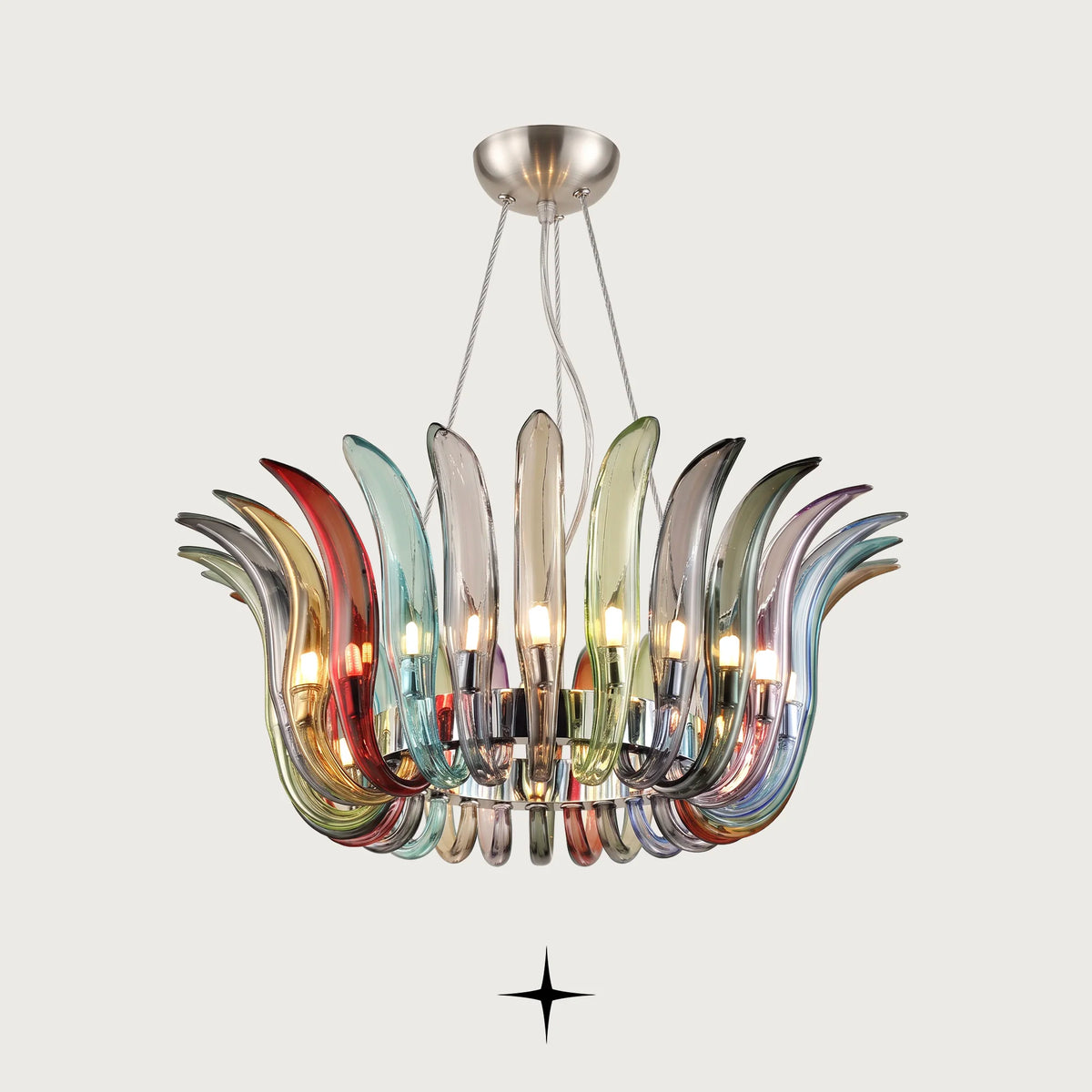 Vivienne Chandelier featuring 26 colorful arching crystal glass blades in a crown-like arrangement