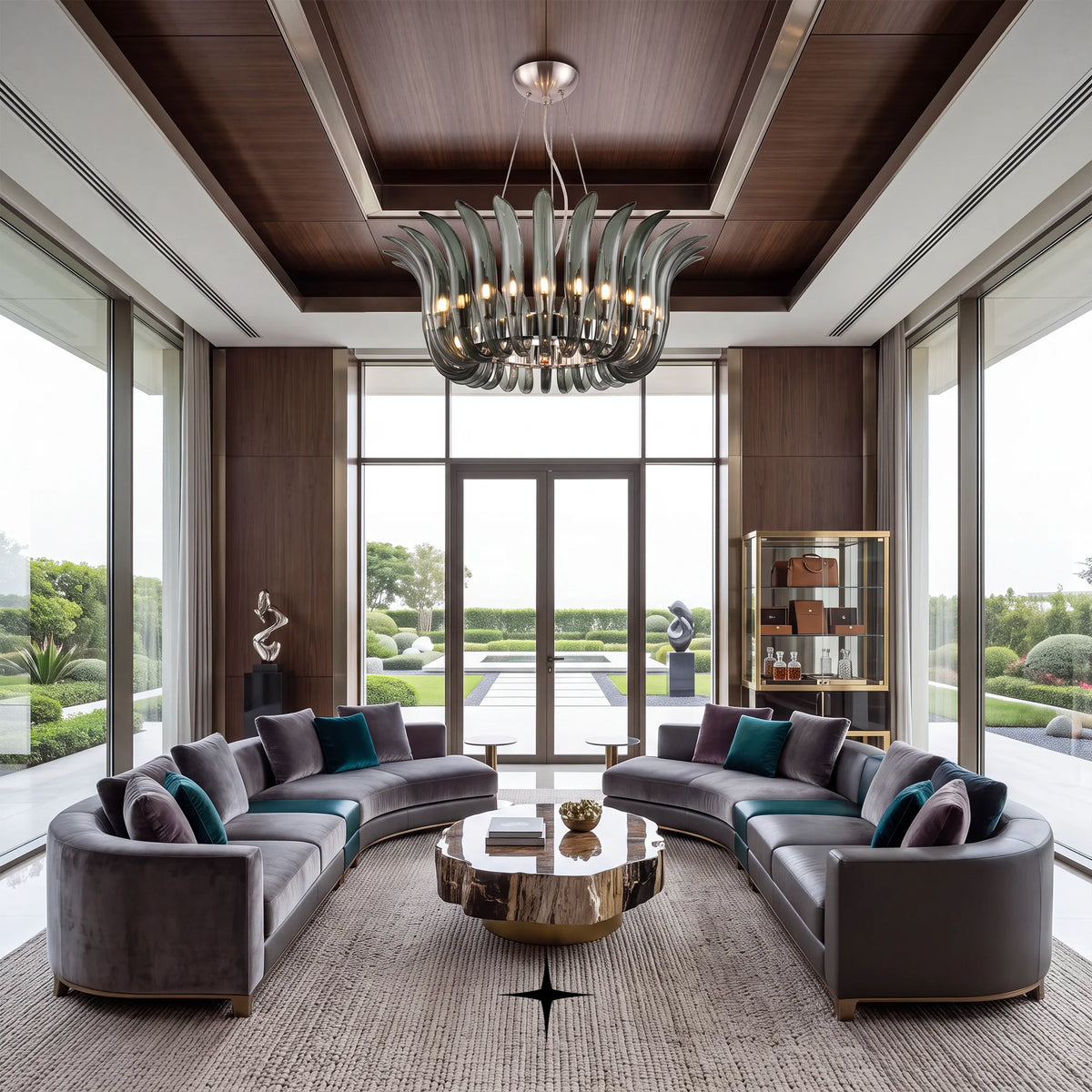 Vivienne Chandelier featuring 26 colorful arching crystal glass blades in a crown-like arrangement