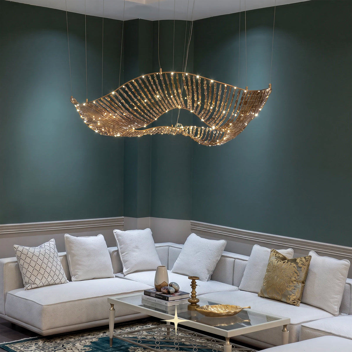 Vortex golden crystal wave chandelier suspended in a modern high-ceiling living room interior
