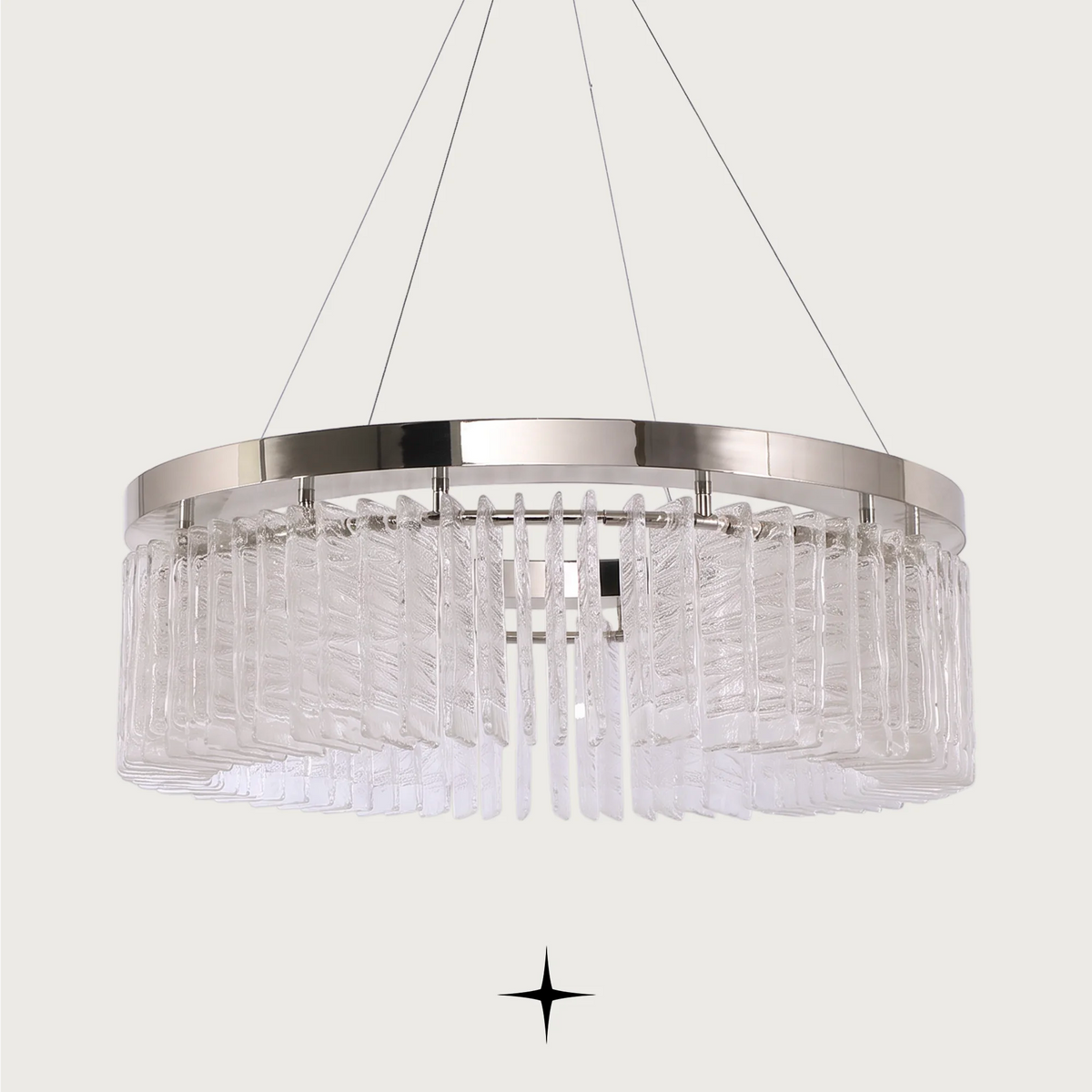 Waterfall circular luxury chandelier featuring cascading textured glass crystal rods and chrome canopy