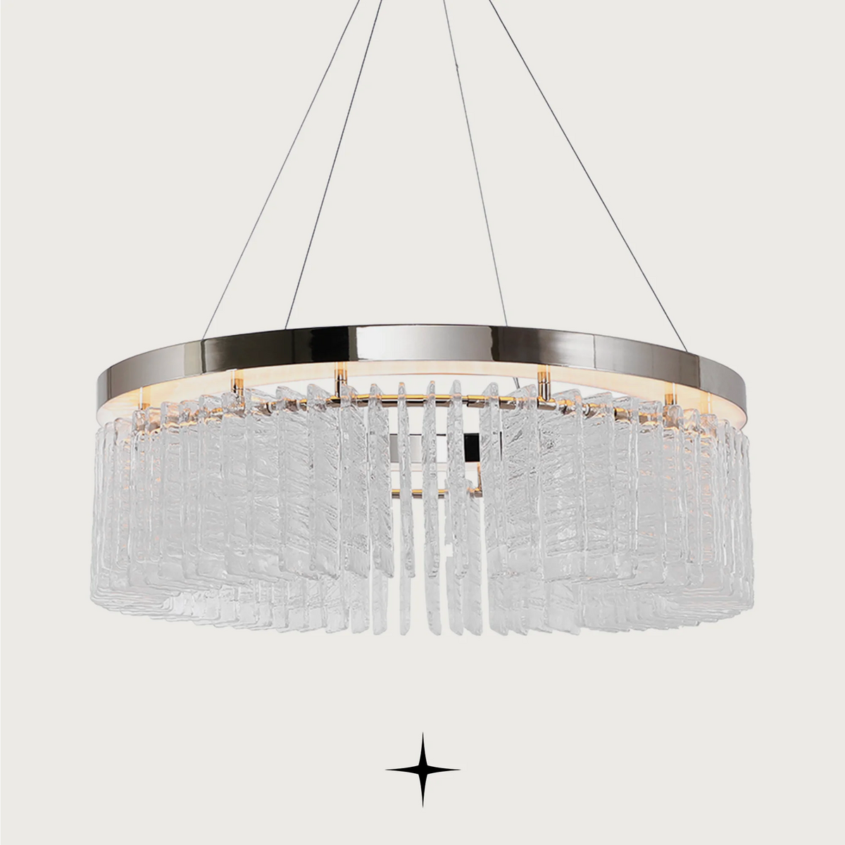Waterfall circular luxury chandelier featuring cascading textured glass crystal rods and chrome canopy