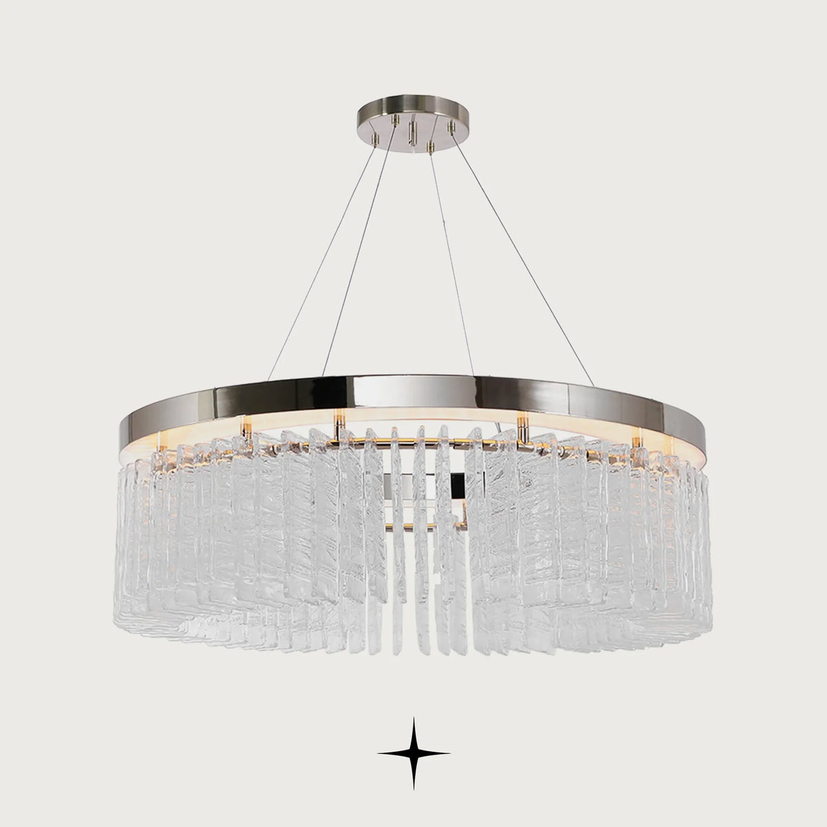 Waterfall Chandelier featuring tiered rows of sculpted, textured glass crystal rods and a polished metallic ring