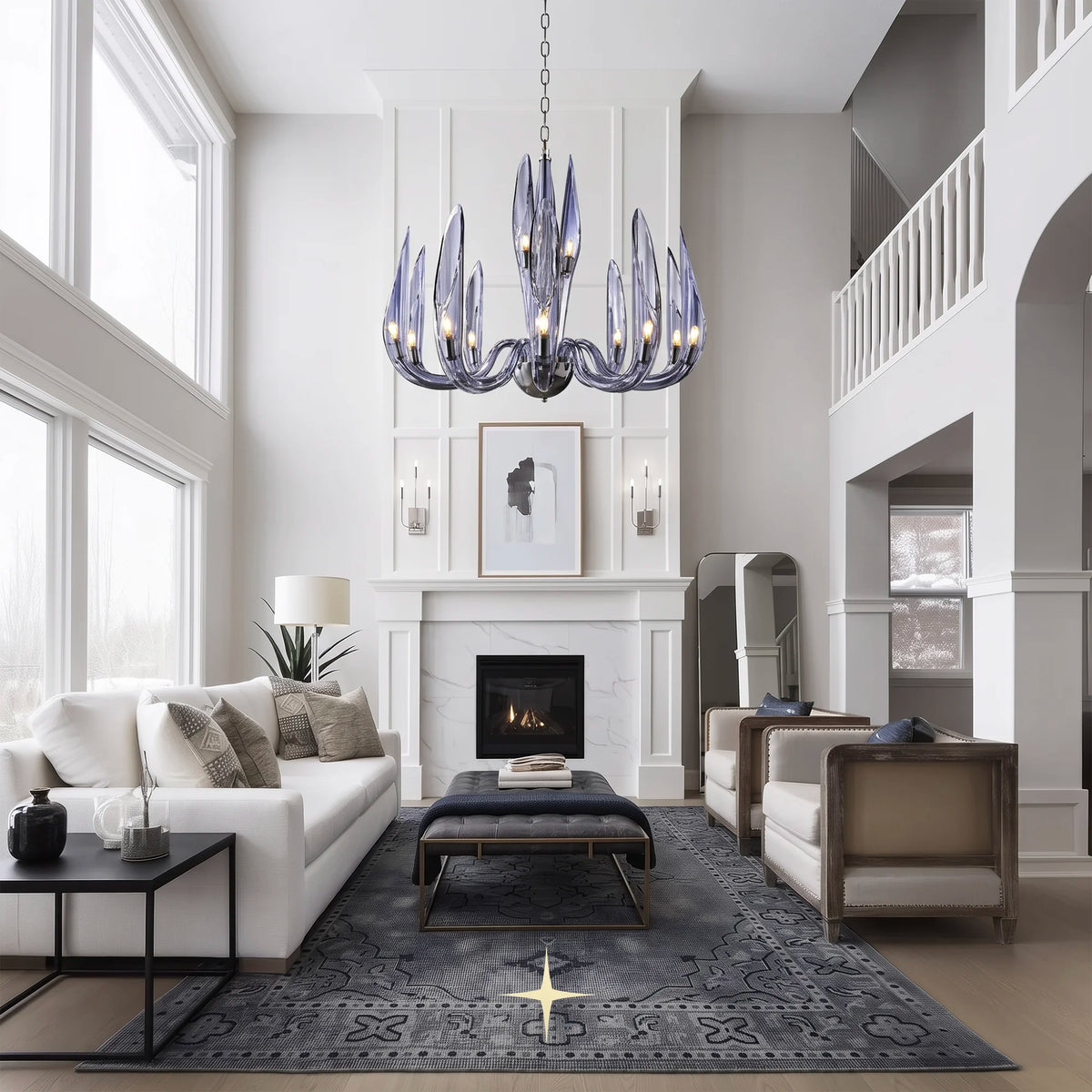Whistler Chandelier featuring smoke blue crystal bubbles and upward-facing delicate crystal wings