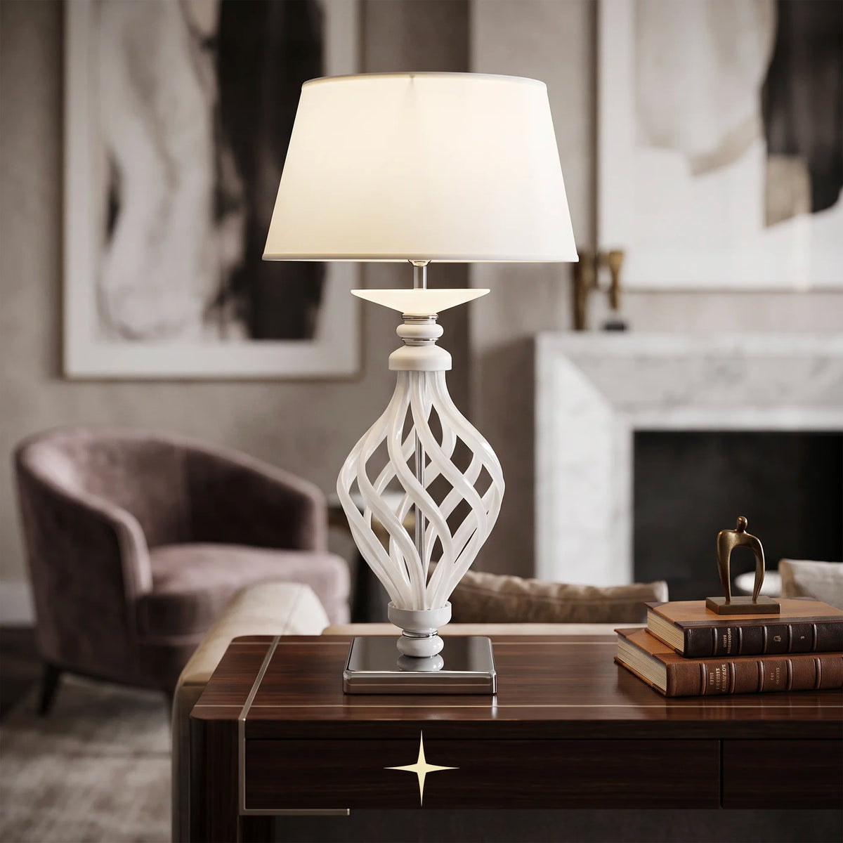 Xena traditional table lamp with woven lattice crystal stem and pleated white shade, shown lit on a dark wood console table in a modern living room setting.