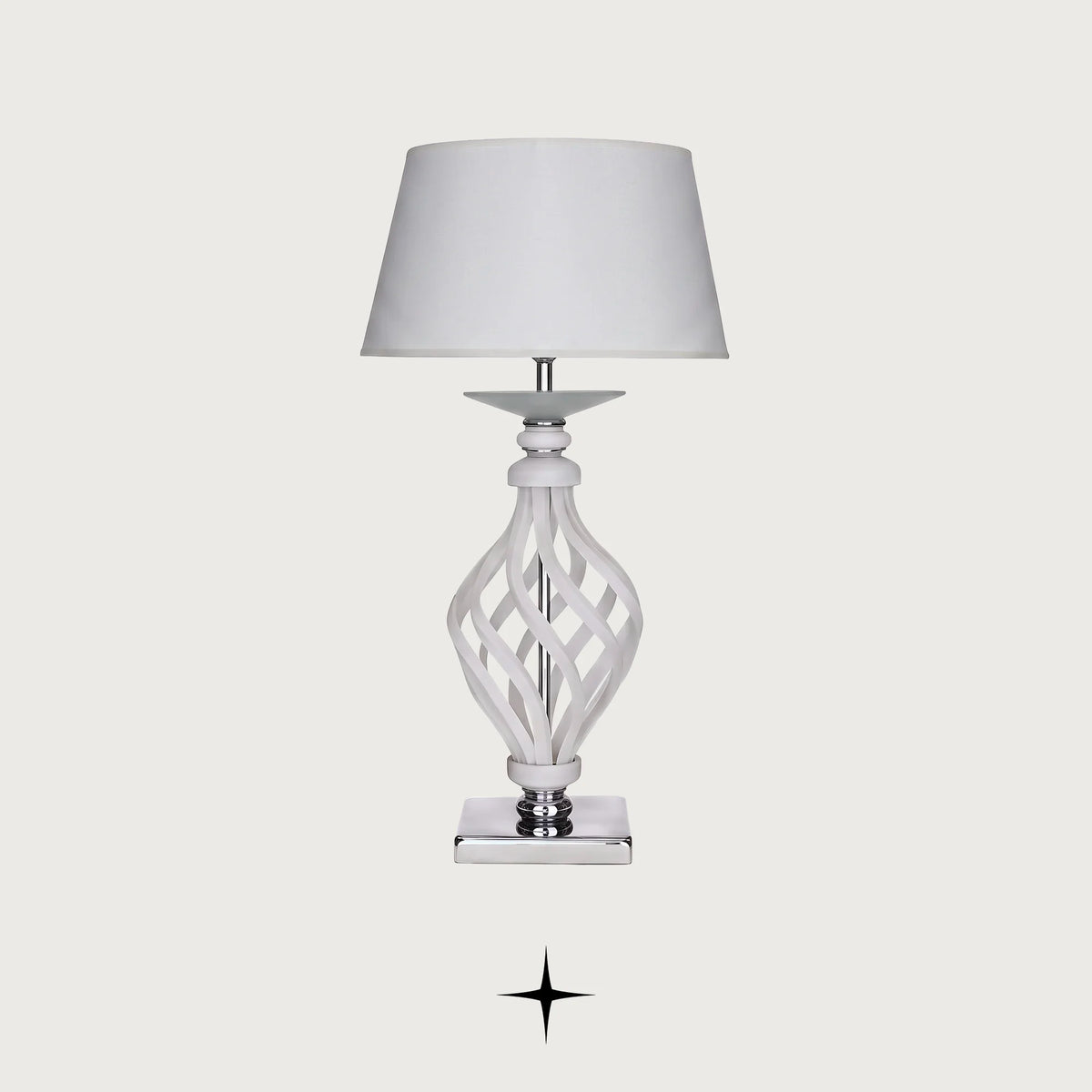 Xena traditional table lamp with woven lattice crystal stem and pleated white shade on a light grey background