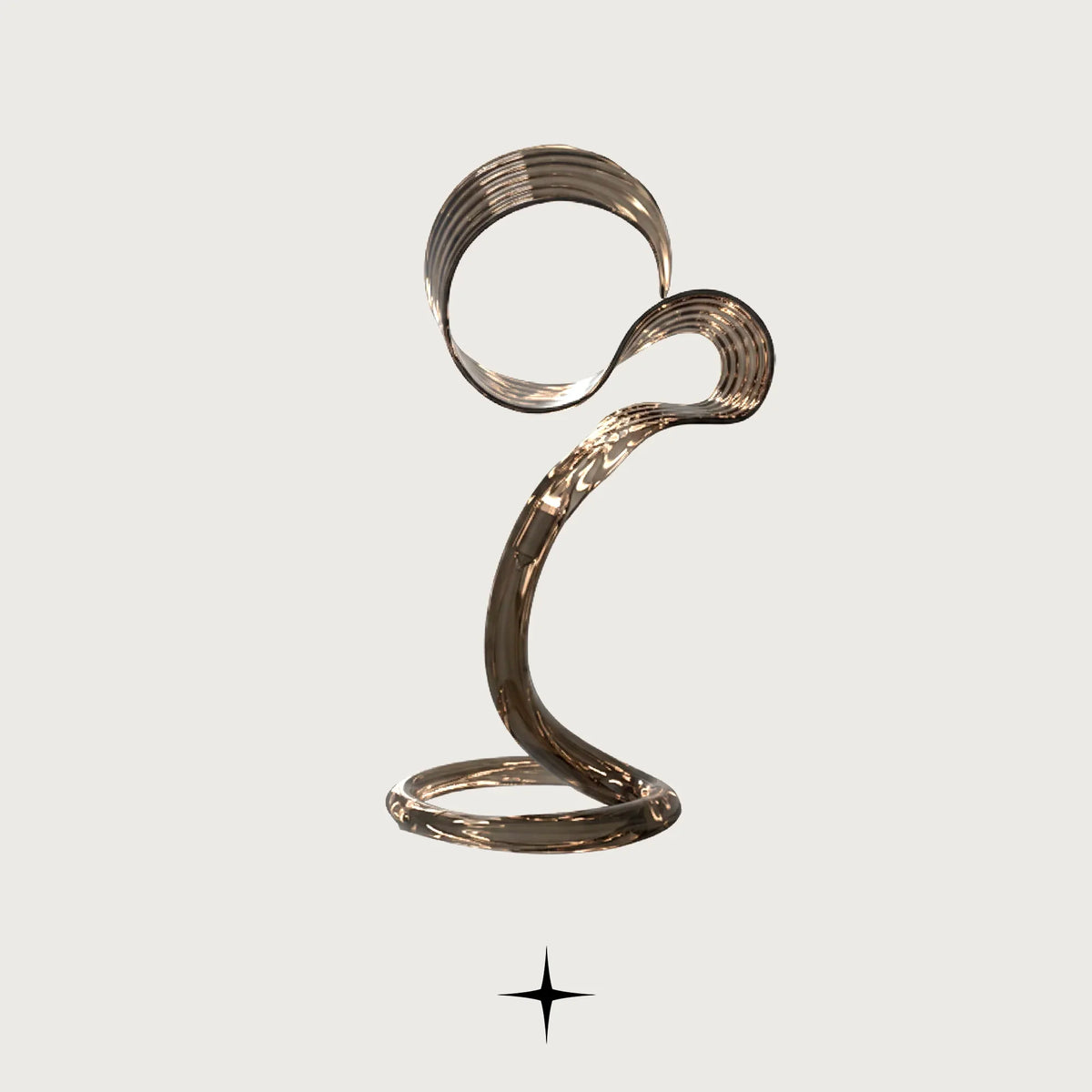Yara modern sculptural swirl table lamp with metallic finish on a light grey background