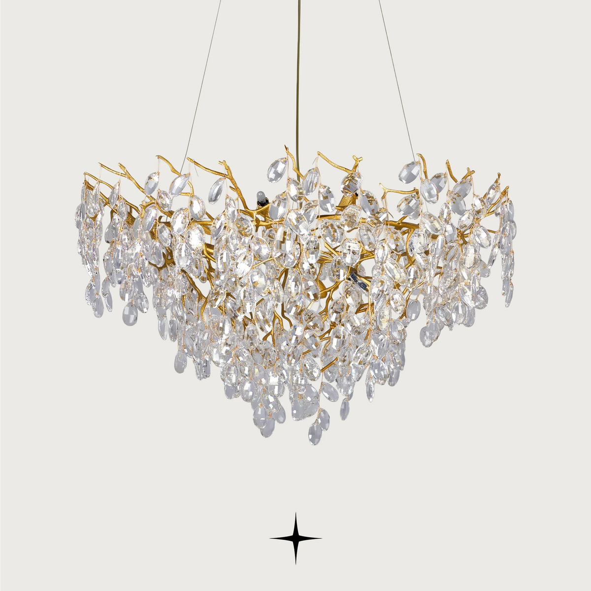 Zinnia luxury chandelier with cascading brass branches and faceted crystal drops