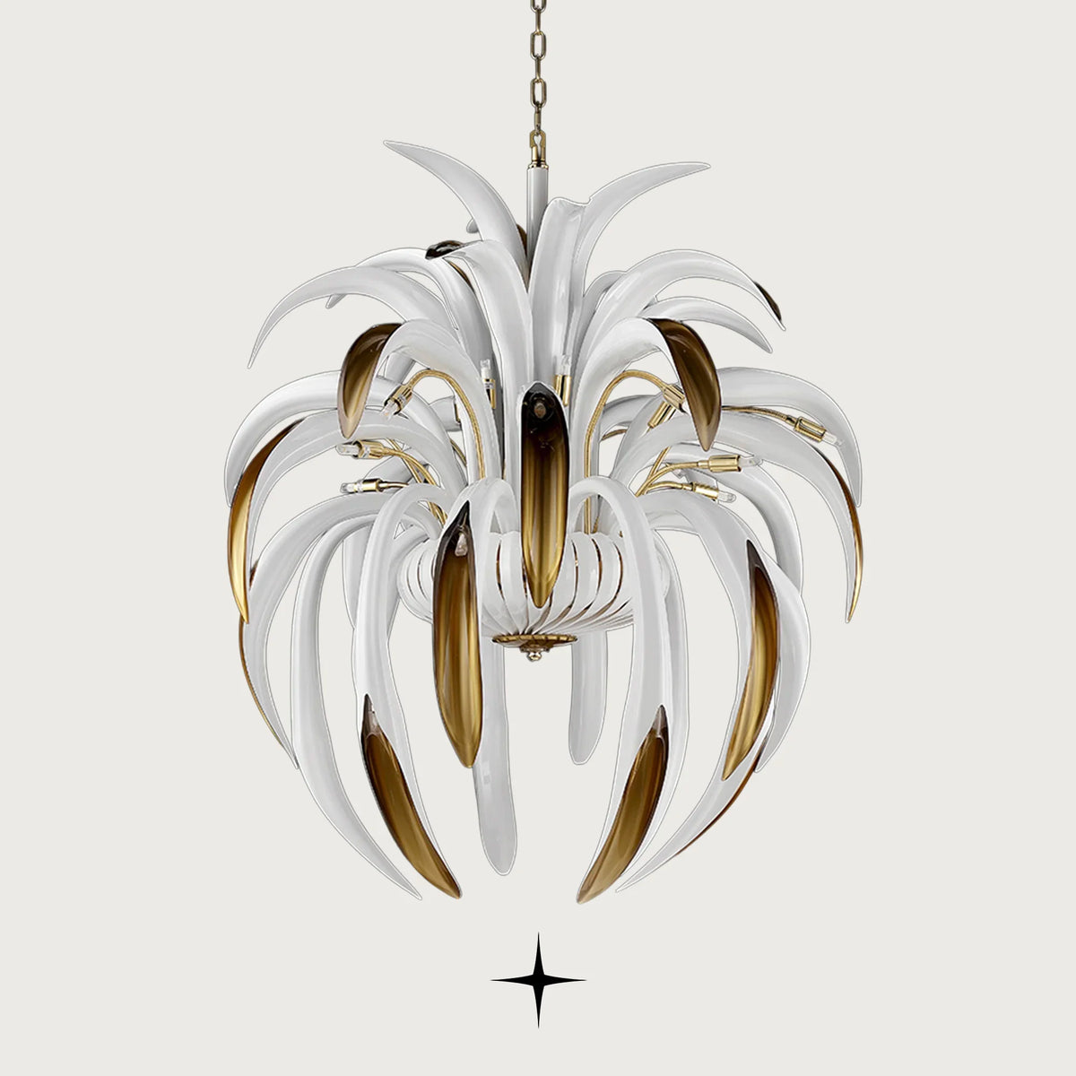 Bellarian Crystal Chandelier featuring cascading pure white glass petals and radiant gold accents with Bohemian crystal.
