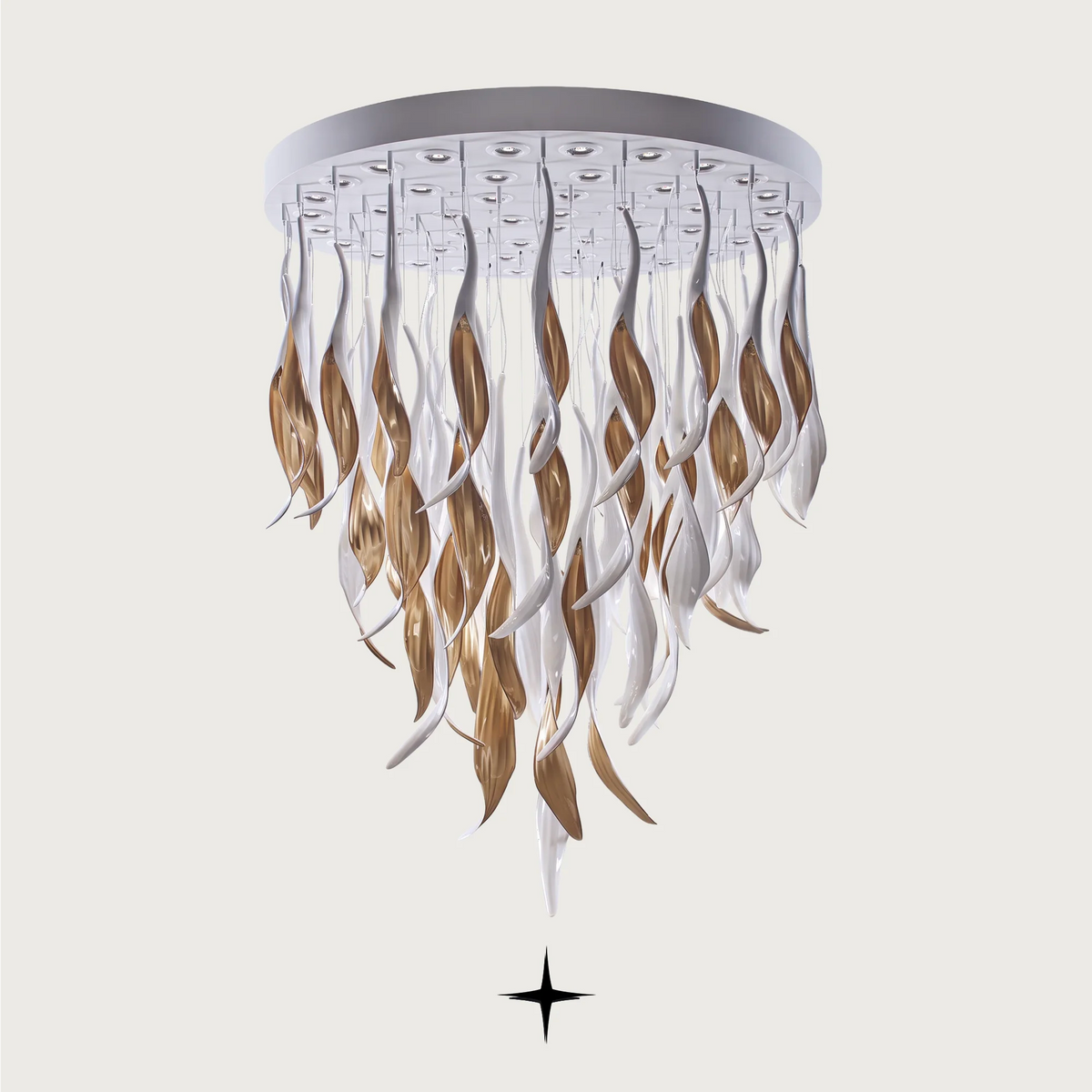 Grand Aura Chandelier featuring dripping golden crystals and mesmerizing light reflections from the base.
