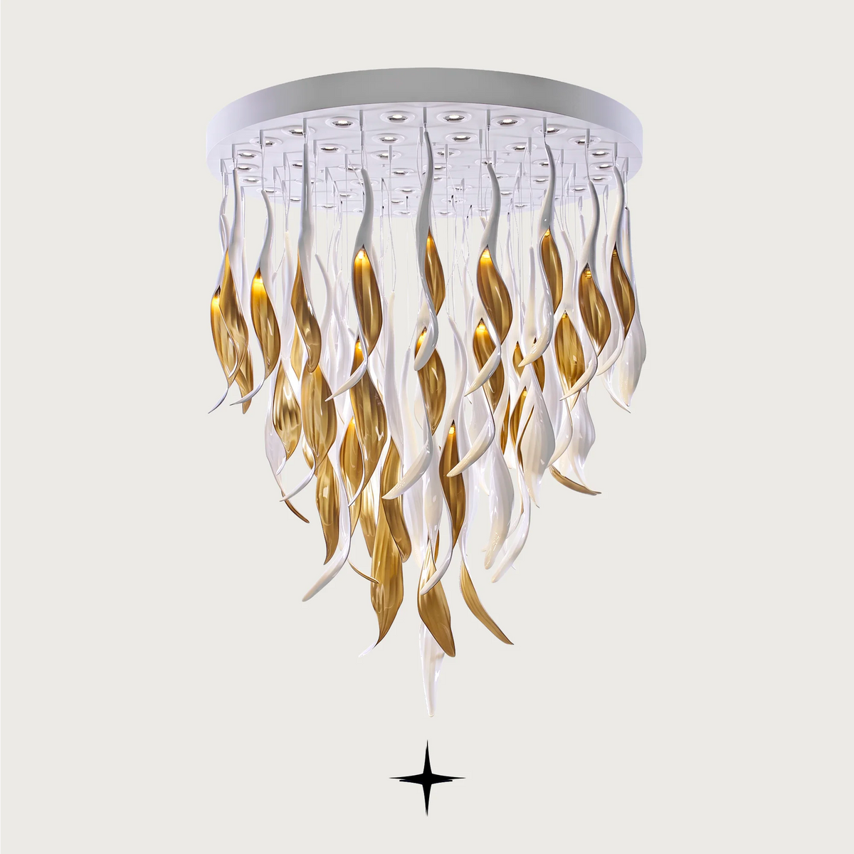 Grand Aura Chandelier featuring dripping golden crystals and mesmerizing light reflections from the base.

