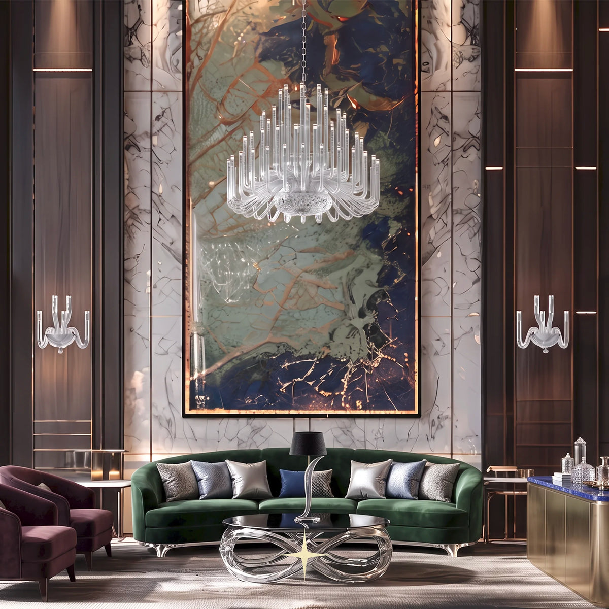 Grand Solara crystal chandelier suspended in a luxury neo-classical hall with red art accent