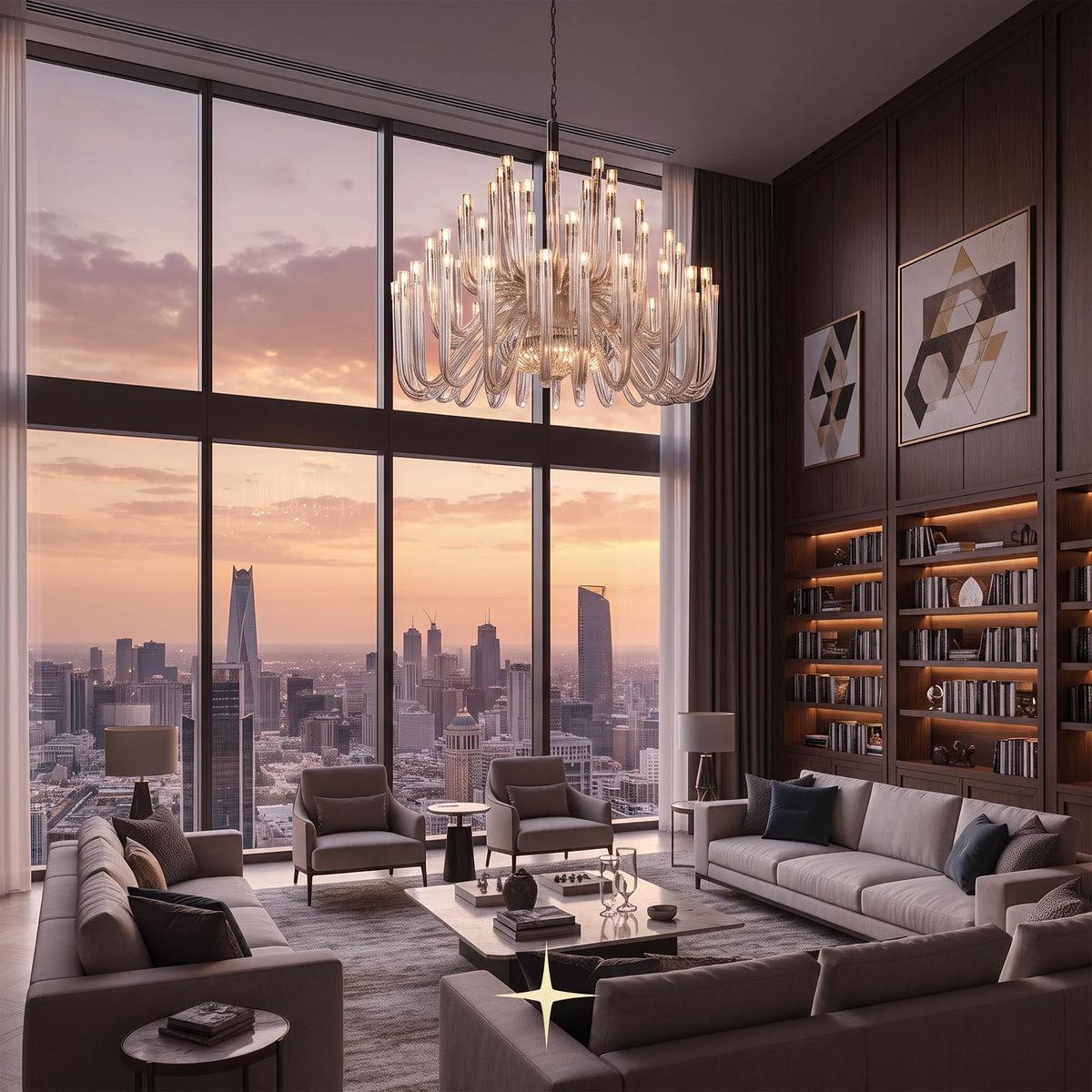 Grand Solara crystal chandelier suspended in a luxury neo-classical hall with with Jeddah view