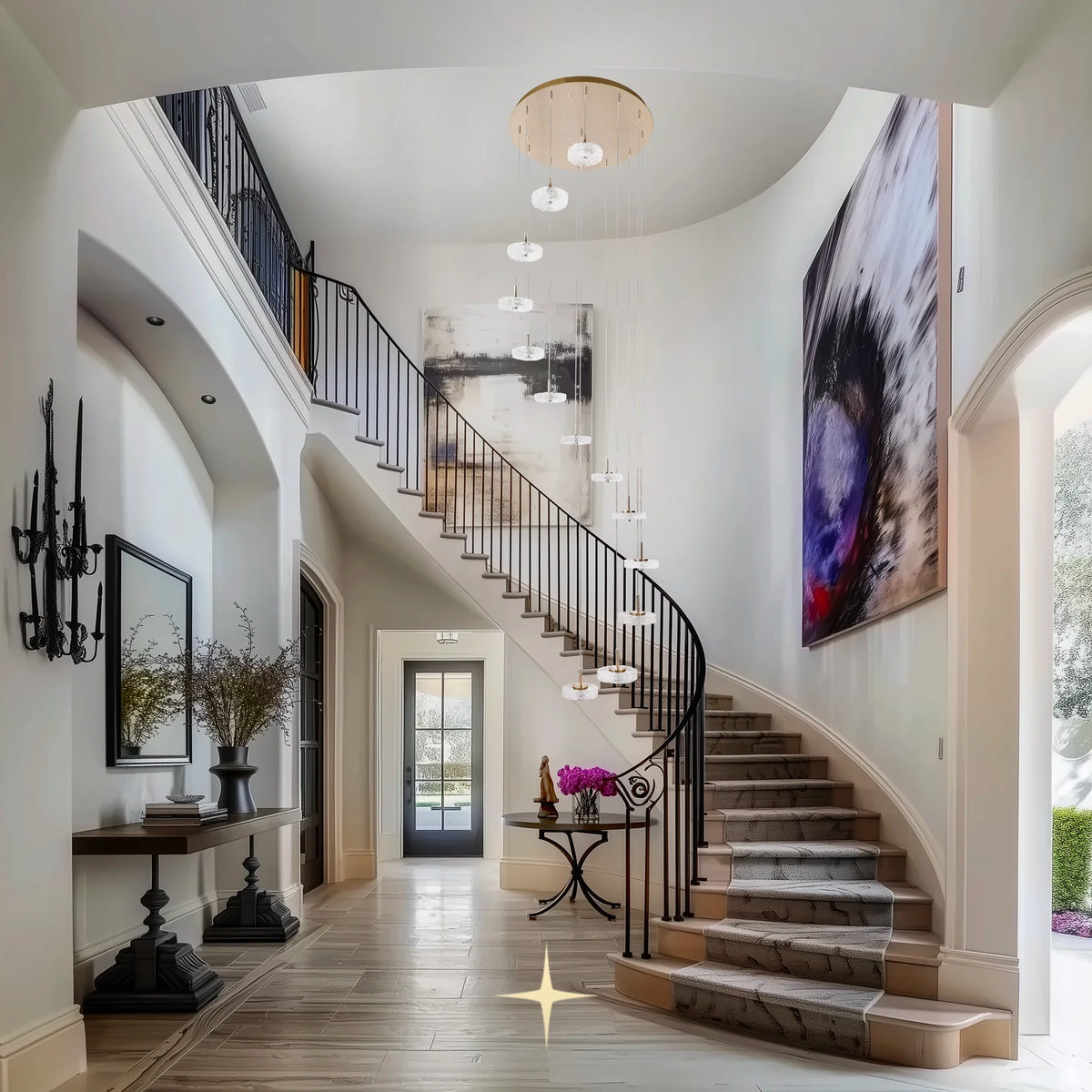 Staircase in a modern home with decorative elements and artwork.