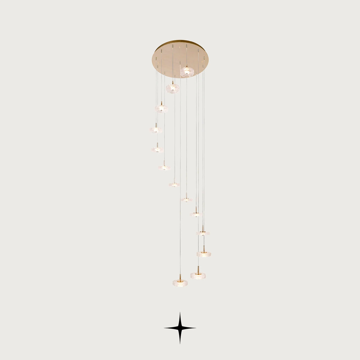 tall Charlotte cascading multi light chandelier with Murano glass discs and golden nickel structure