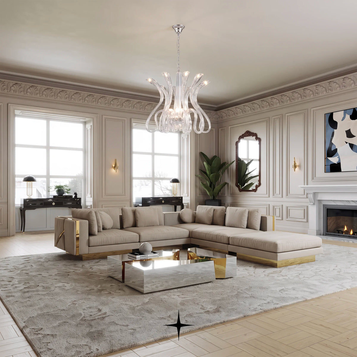 Amara Chandelier featuring chic elongated crystal arms in a clear luxury design across three sizes
