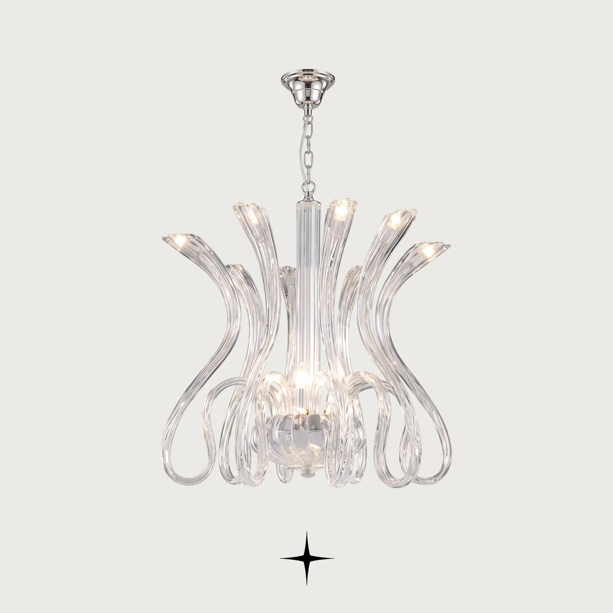 Amara Chandelier featuring chic elongated crystal arms in a clear luxury design across three sizes
