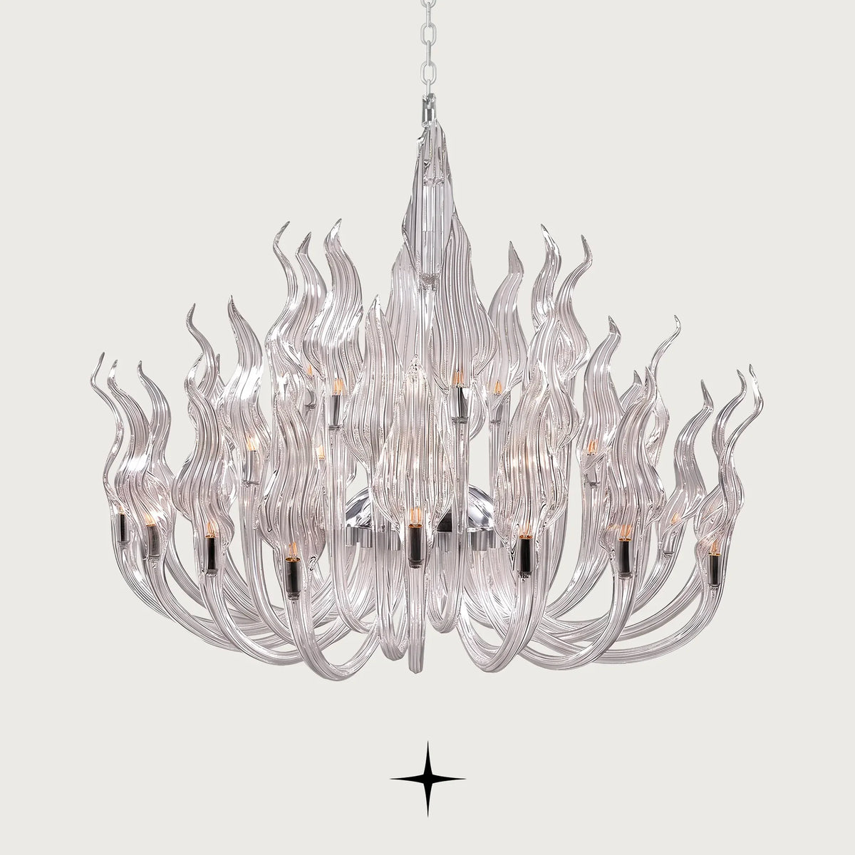  Anastasia glass flame chandelier suspended in a luxury modern dining space