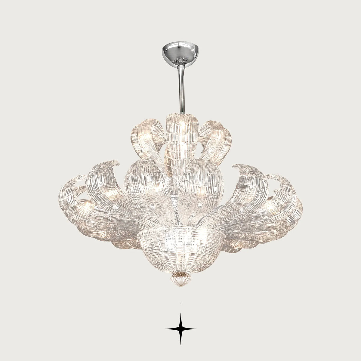 Full view of Angelica glass chandelier suspended by silver canopy and chain
