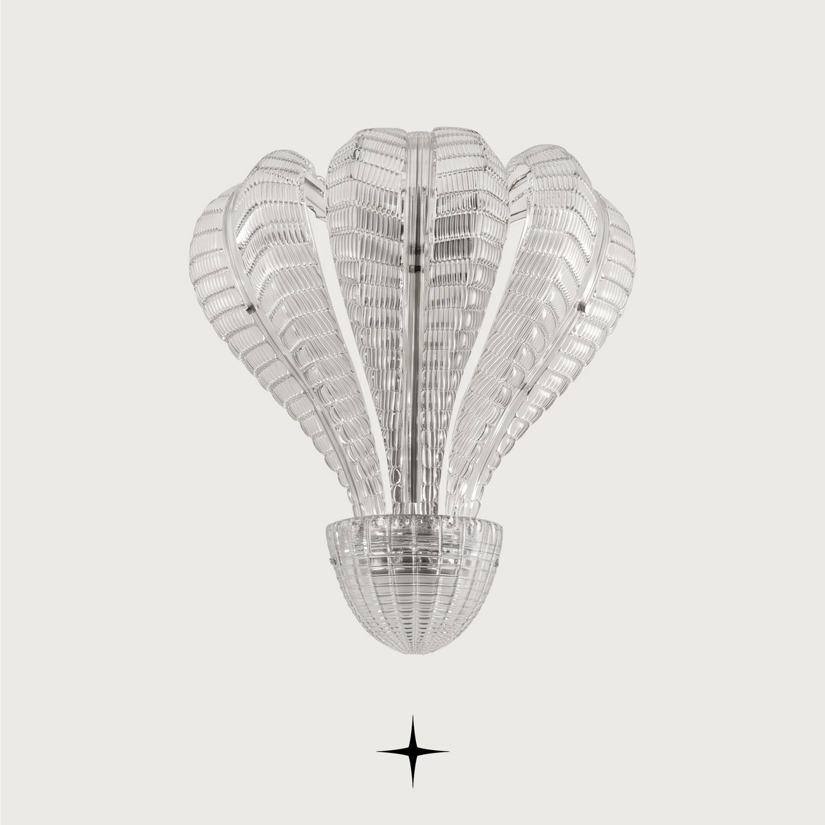 Angelica wall light fixture featuring Murano-style snake-shaped glass and a sleek silver frame.
