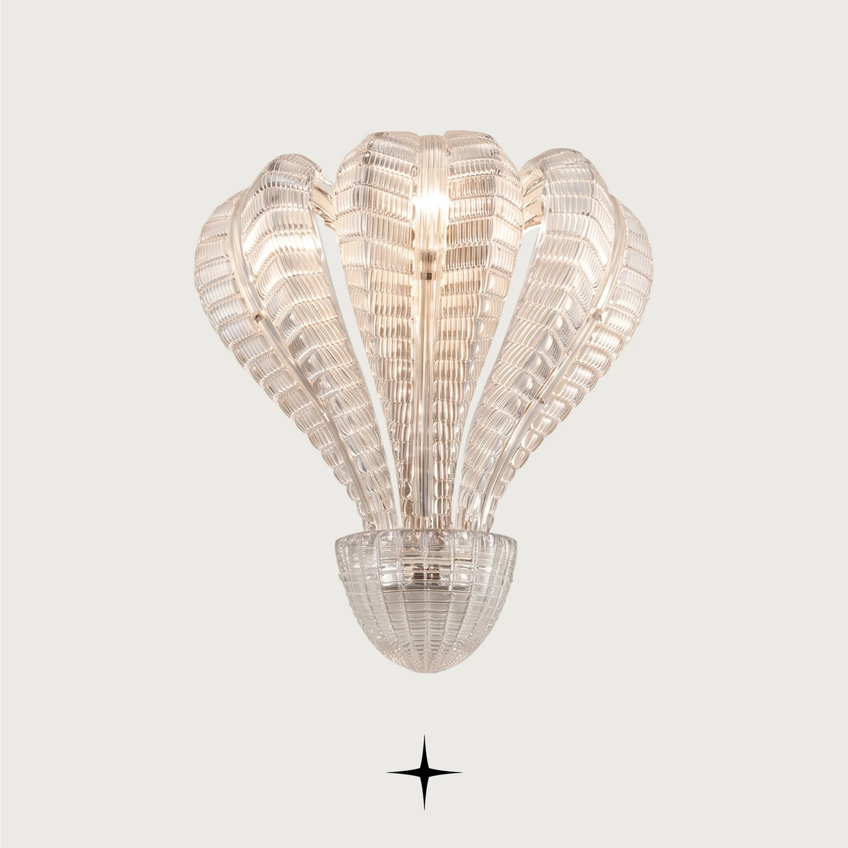 Angelica wall light fixture featuring Murano-style snake-shaped glass and a sleek silver frame.
