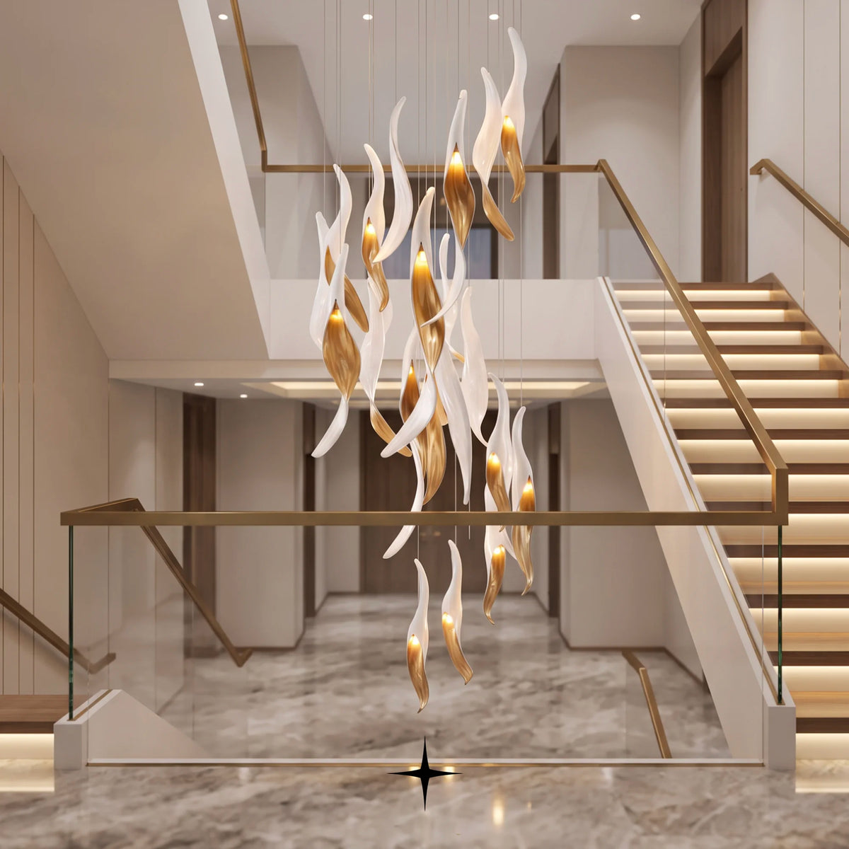 A modern multi-light pendant chandelier with flowing, flame-like white and gold leaf-shaped drops, hanging in the center of a contemporary staircase lobby with warm ambient lighting.
