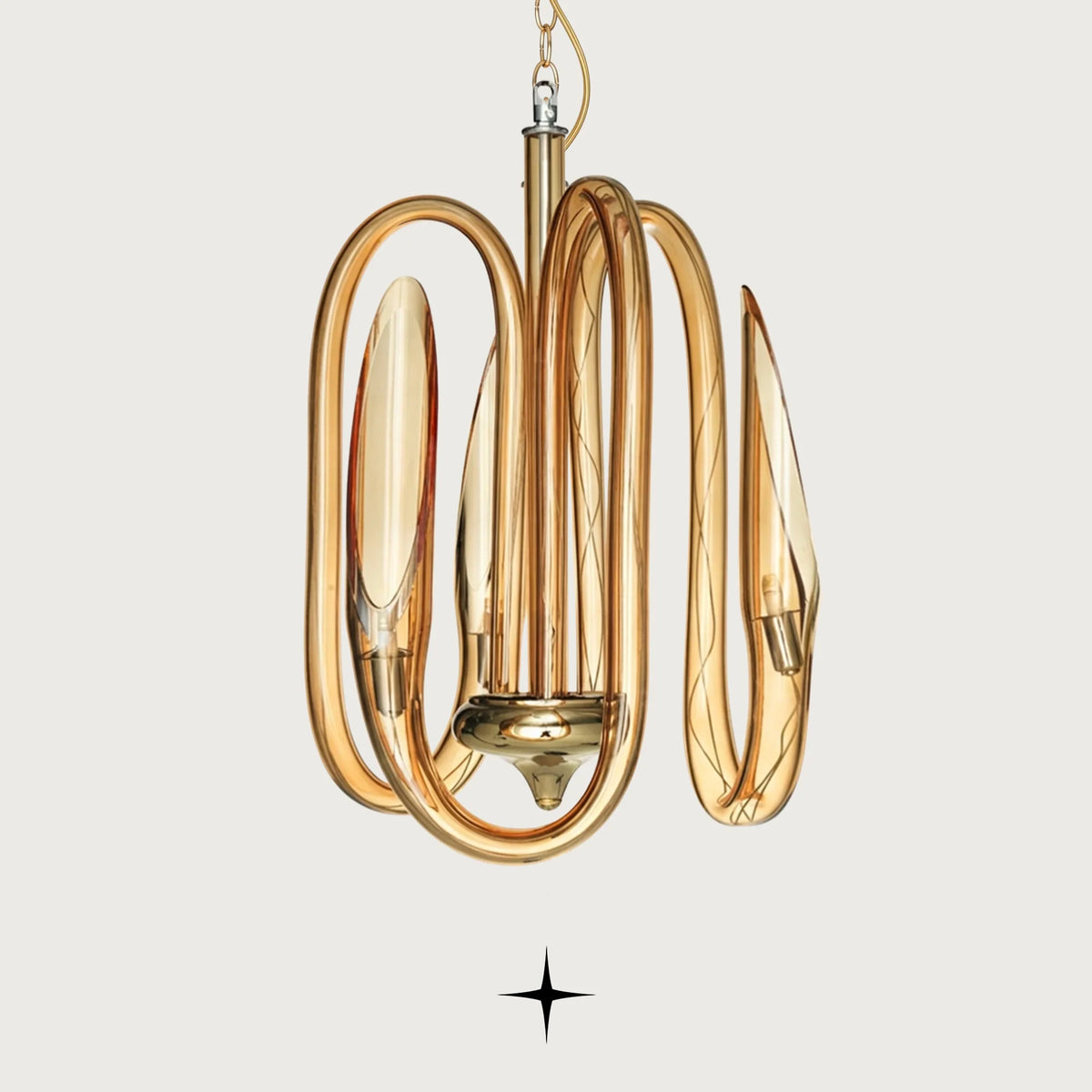 Ava Petite Chandelier featuring curved amber-gold crystal glass loop arms in a compact 3-arm design
