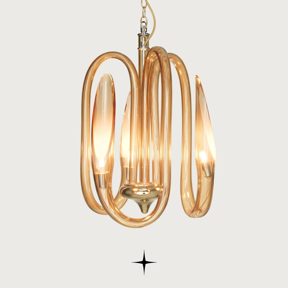 Ava Petite Chandelier featuring curved amber-gold crystal glass loop arms in a compact 3-arm design
