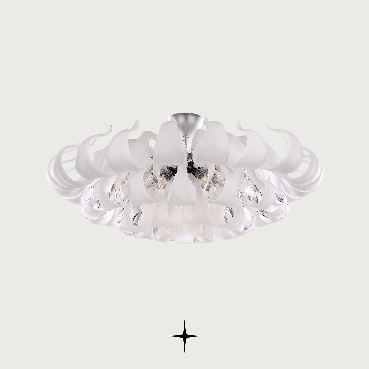 Beatrix Chandelier featuring gracefully curved white bohemian crystal arms in 3-tier and 4-tier options
